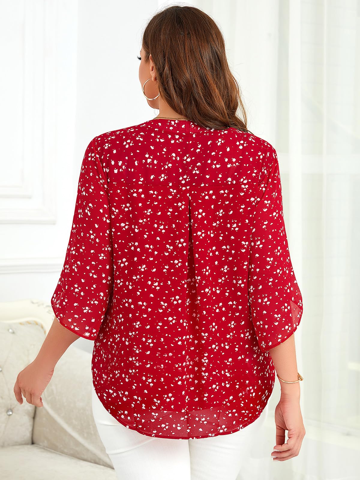 Siddhe Blusa elegante para mujer de gran tamaño, de gasa, manga 3/4, cuello en V, camisa con pétalos de flores, informal, blusa larga fluida, parte superior de gran tamaño para primavera y verano