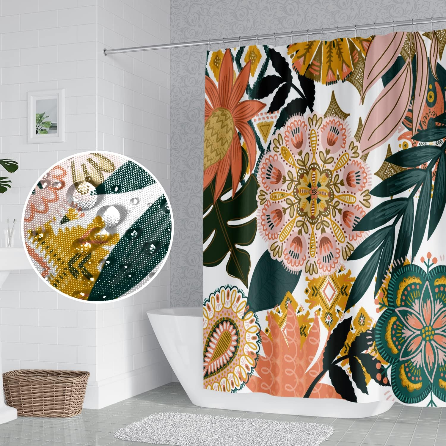 Bohemian Floral Bathroom Boho Abstract Tropical Leaves Flowers Shower Curtain with Hooks, Polyester Waterproof Fabric Paisley Unique Trendy Woman Shower Decor, 72x84 Inch