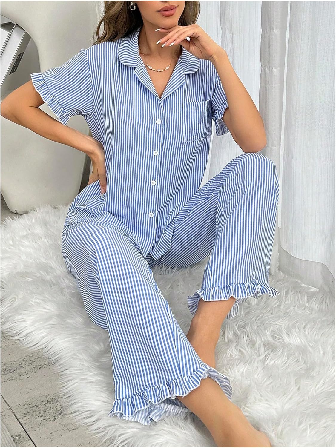 WDIRARA Women's 2 Piece Stripe Button Front Pocketed Shirts and Pants Ruffled Hem Pajama Set - Image 3