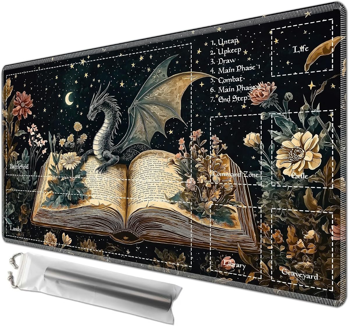 Playmat 24" x 14" with Magic Zones for MTG Card Game Playing, Board Game Mat for Card Breaking Commander Deck Gaming Card Game Battles Mat with Storage Bags, Dragon Flowers Spell Books