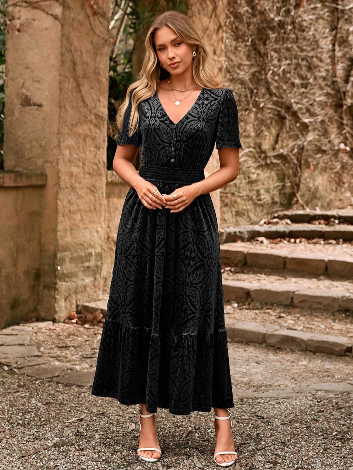 Simplee Womens Fall Velvet Dress Short Sleeve V Neck Floral Maxi Dress Long Formal Winter Wedding Guest Dresses - Image 6