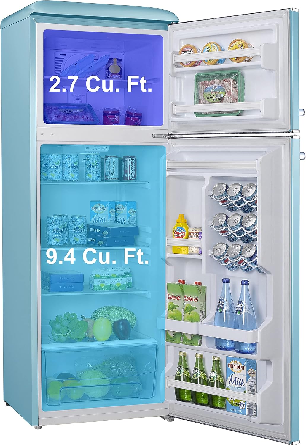 Galanz GLR12TBEEFR Refrigerator, Dual Door Fridge, Retro Blue, 12.0 Cu Ft & GLCMKZ11BER10 Retro Countertop Microwave Oven with Auto Cook & Reheat, 1.1 cu ft, Blue