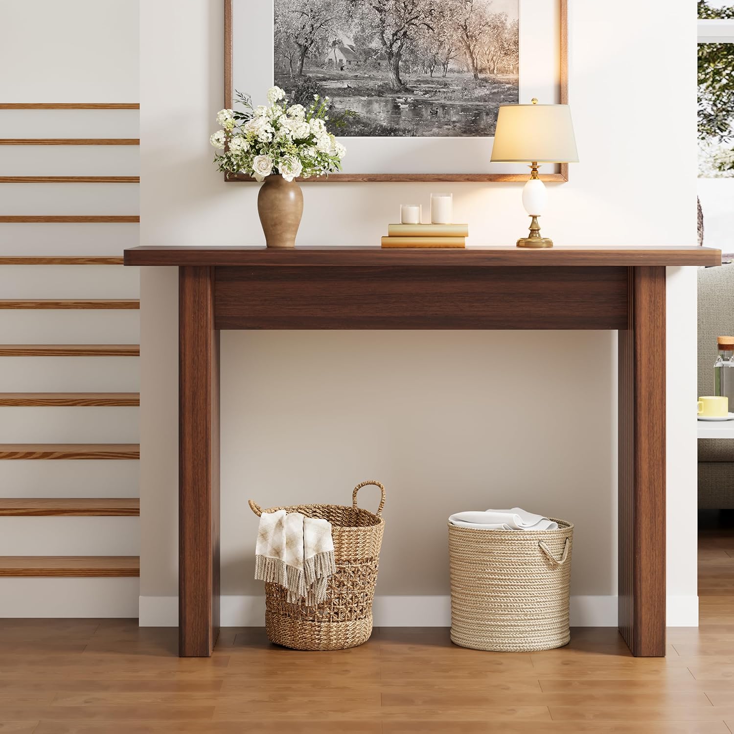 AVZEAR Mid Century Narrow Entryway Console Table, 43.3" Fluted Wood Couch Table Behind Sofa Long and Skinny for Living Room Hallway Entrance Foyer, Walnut