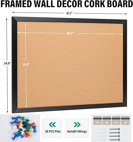 Miniatura 3 de Tablero de anuncios de corcho de 48 x 36 pulgadas, marco de madera negra, corchos de 4 x 3 pulgadas para pared, tablero de anuncios grande montado