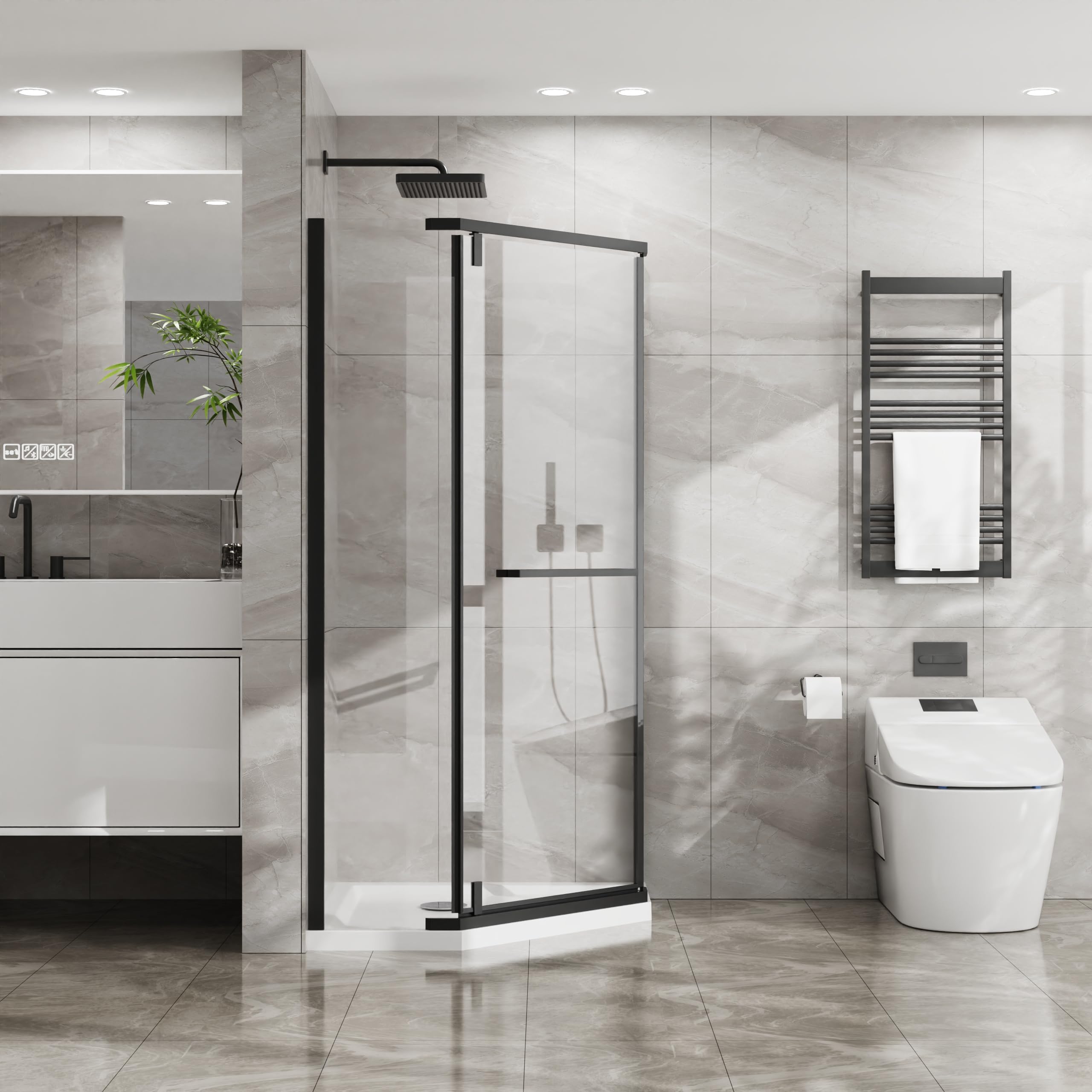 neo-angle frameless shower door 36 in.d x 36 in.w x 72 in.h corner shower enclosure with clear sgcc tempered glass pivot shower door in matte black finish