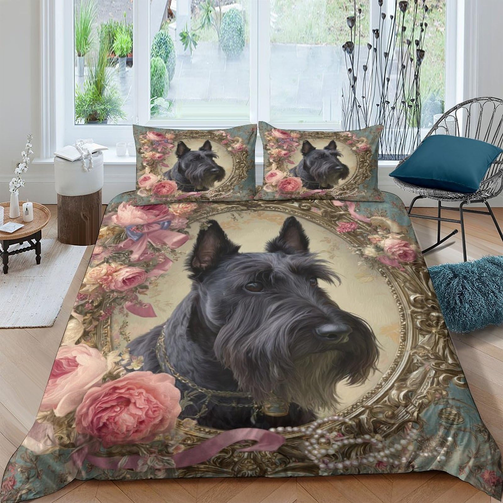 Ctjqhvkz Style-5 3D Printed Black Scottish Terrier Fitted Sheet Microfiber Floral Vintage Bed Sheet For Bedroom Dorm Decorative, Easy Care Single（135X200cm）