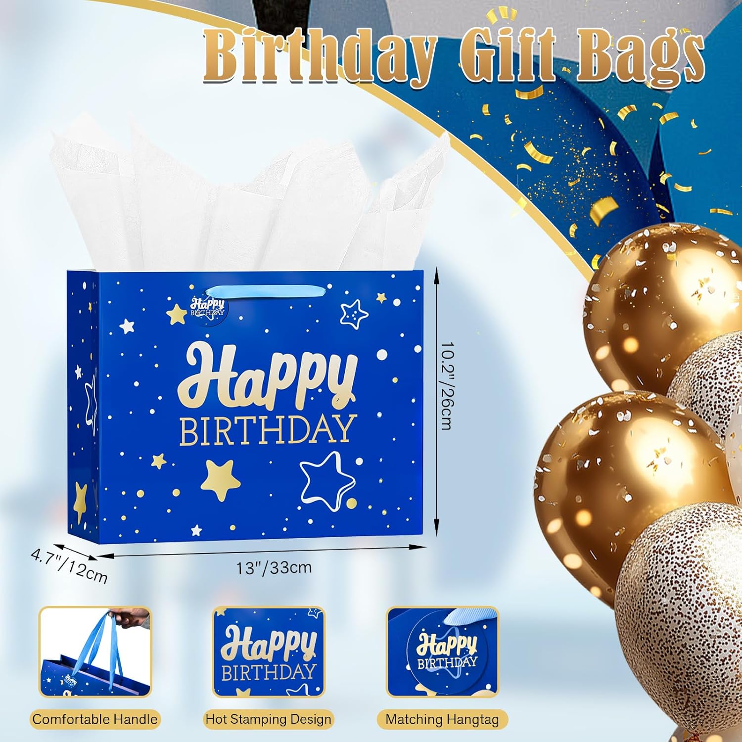 Powbrace 13" Blue Happy Birthday Gift Bag with Tissue Paper and Greeting Card for Party,Happy Birthday Gift Bag for Men Women,Gift Bags Medium size(1 PCS Blue Hot Stamping) - Image 2