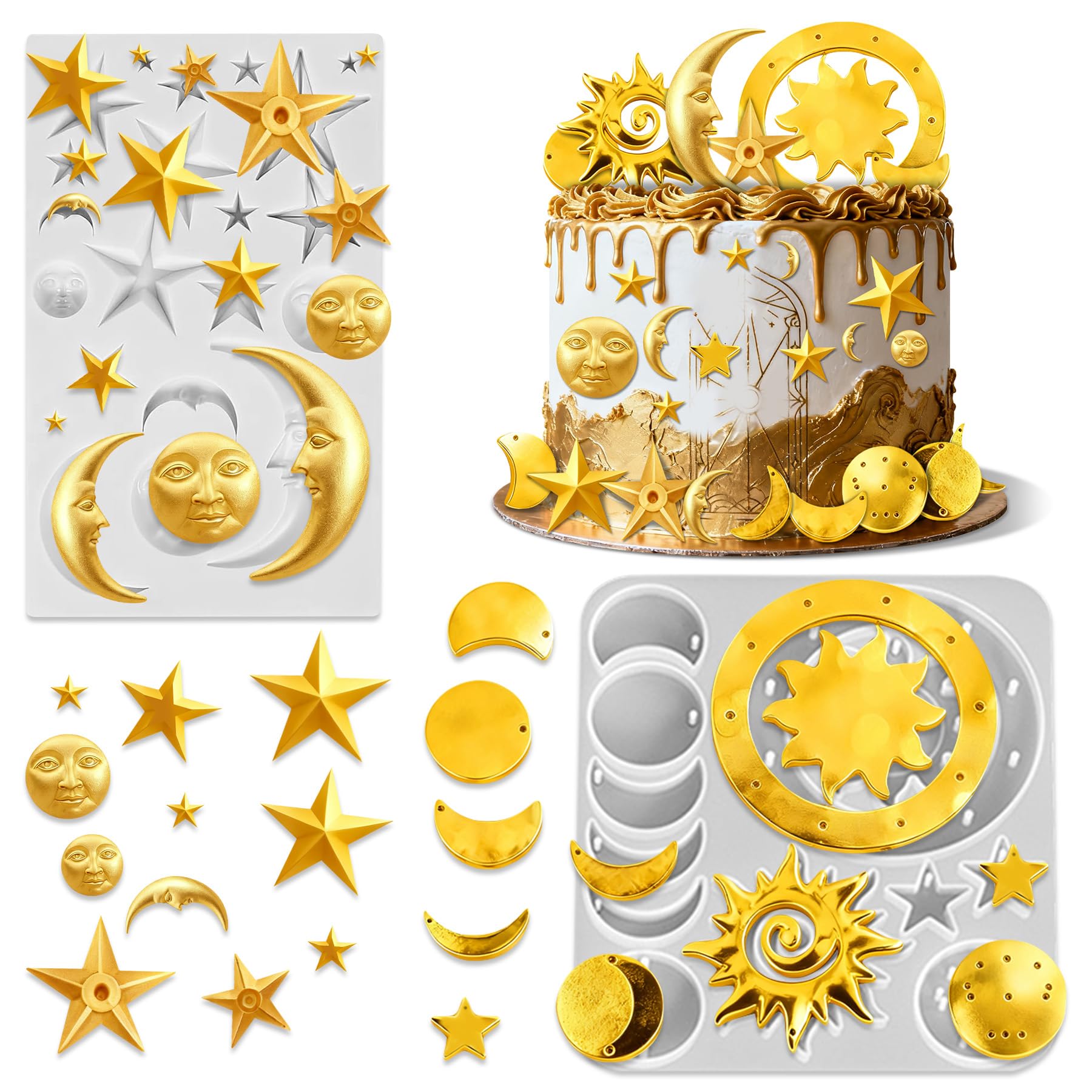 Moldes de silicona con diseño de luna y estrella y sol, diseño de estrellas, luna, fondant, pasteles, chocolate, herramientas de decoración de pasteles, moldes de silicona de arcilla (beige)