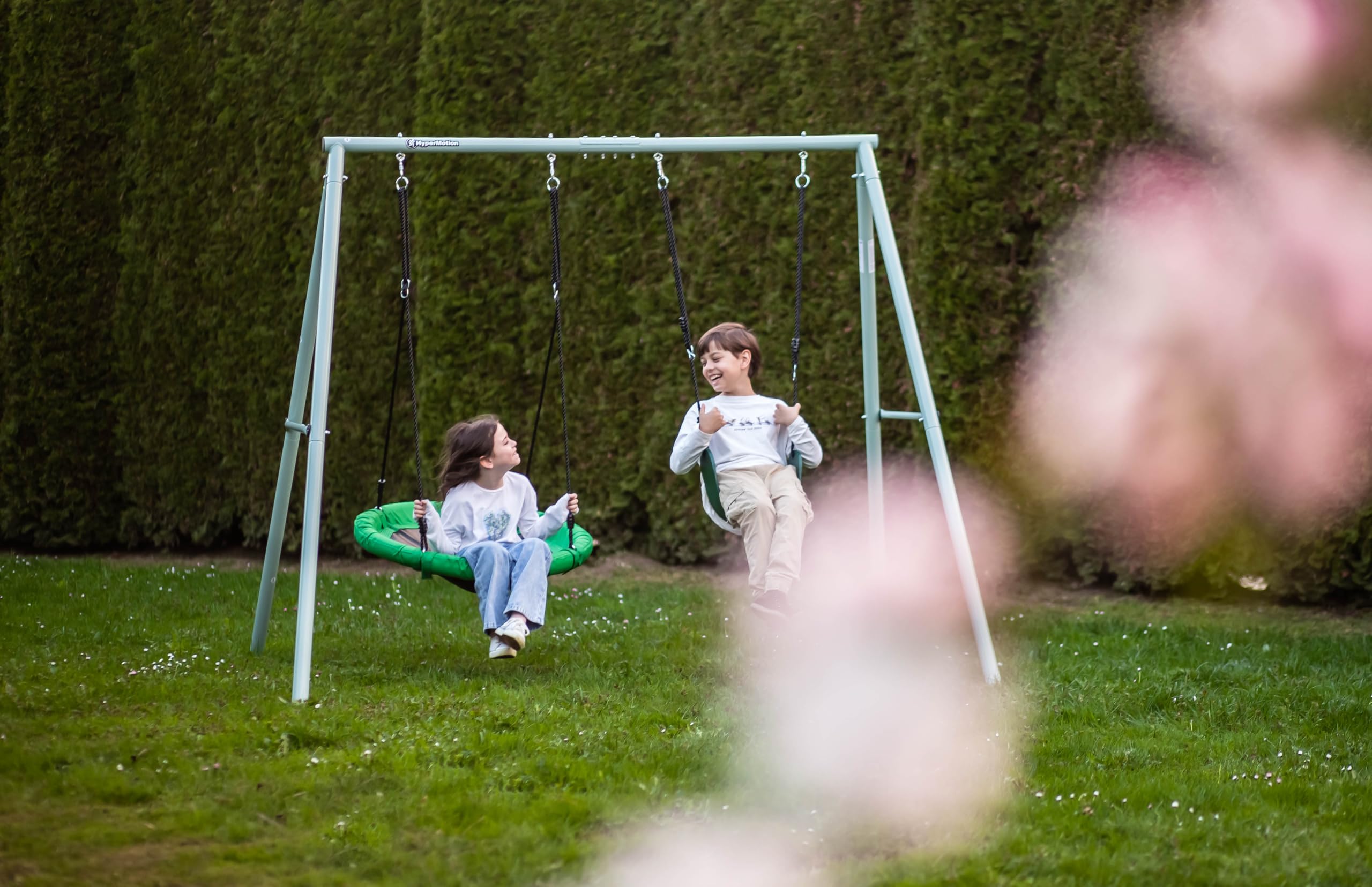 HyperMotion Columpio Infantil Doble para Jardín Exterior - Asiento y Nido de Cigüeña Ajustable con Estructura en A - para 2-3 Niños, Carga 200kg, Resistente UV