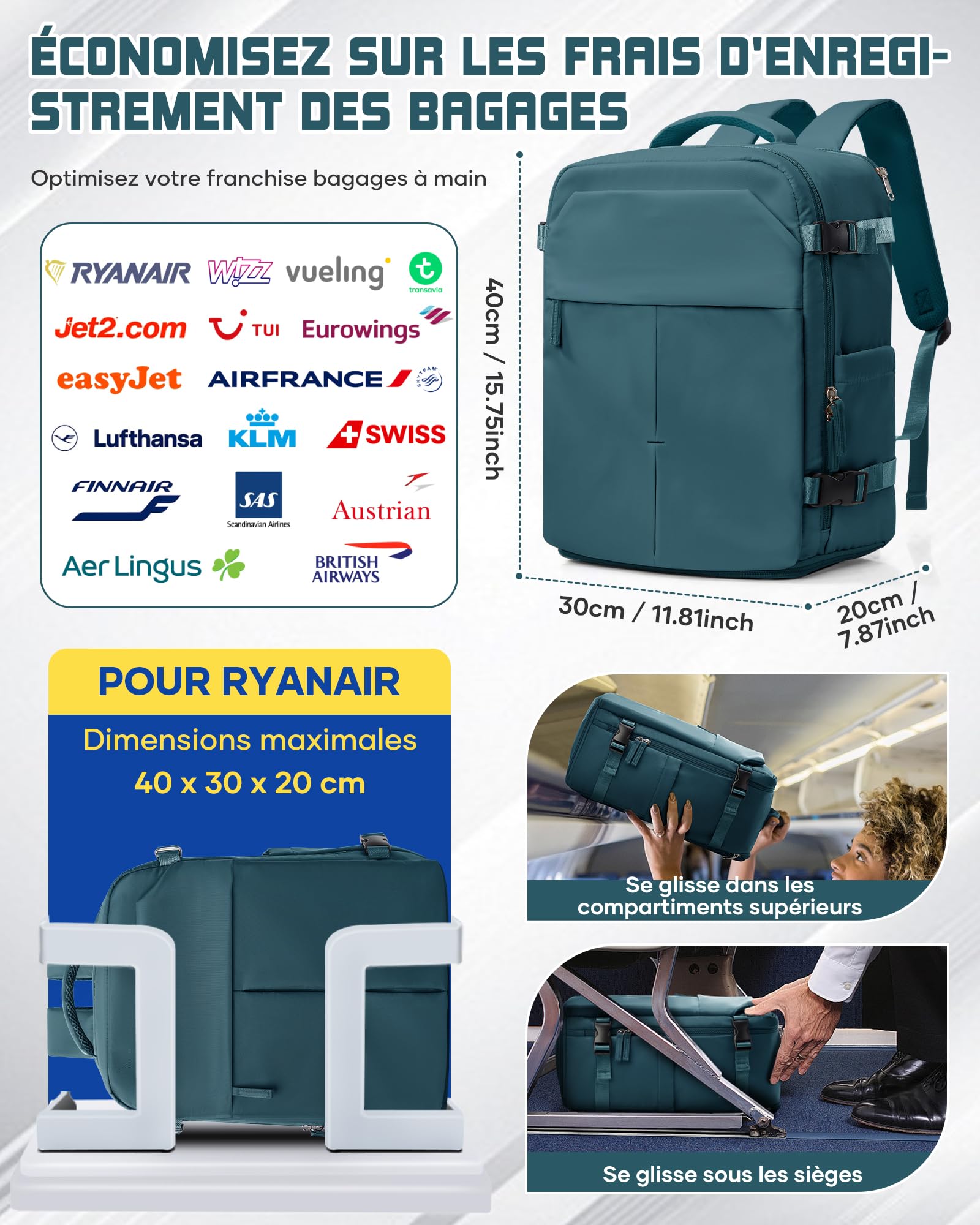 suradar Bagage Cabine 40x30x20 Sac Ryanair Sacs a Dos Voyage Cabine Avion 40x30x20 pour Wizzair Eurowings avec Compartiment à Chaussures Sacs à Dos Ordinateur Portable 14 Pouces Homme Femme Bleu paon