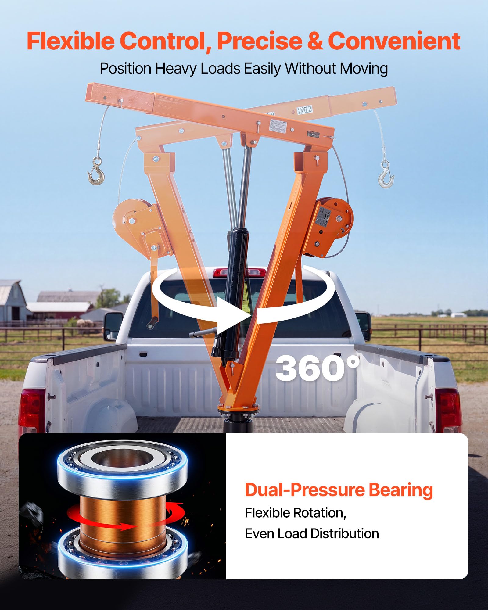 VEVOR Pickup Kran mit 907,2kg Tragkraft, Manueller Ladekran Inkl. Handwinde & 12t Hydraulikpumpe, Hebekran mit Teleskopausleger & 360° Drehkranz, Hebezeug aus Kohlenstoffstahl für Pick-up LKW Anhänger