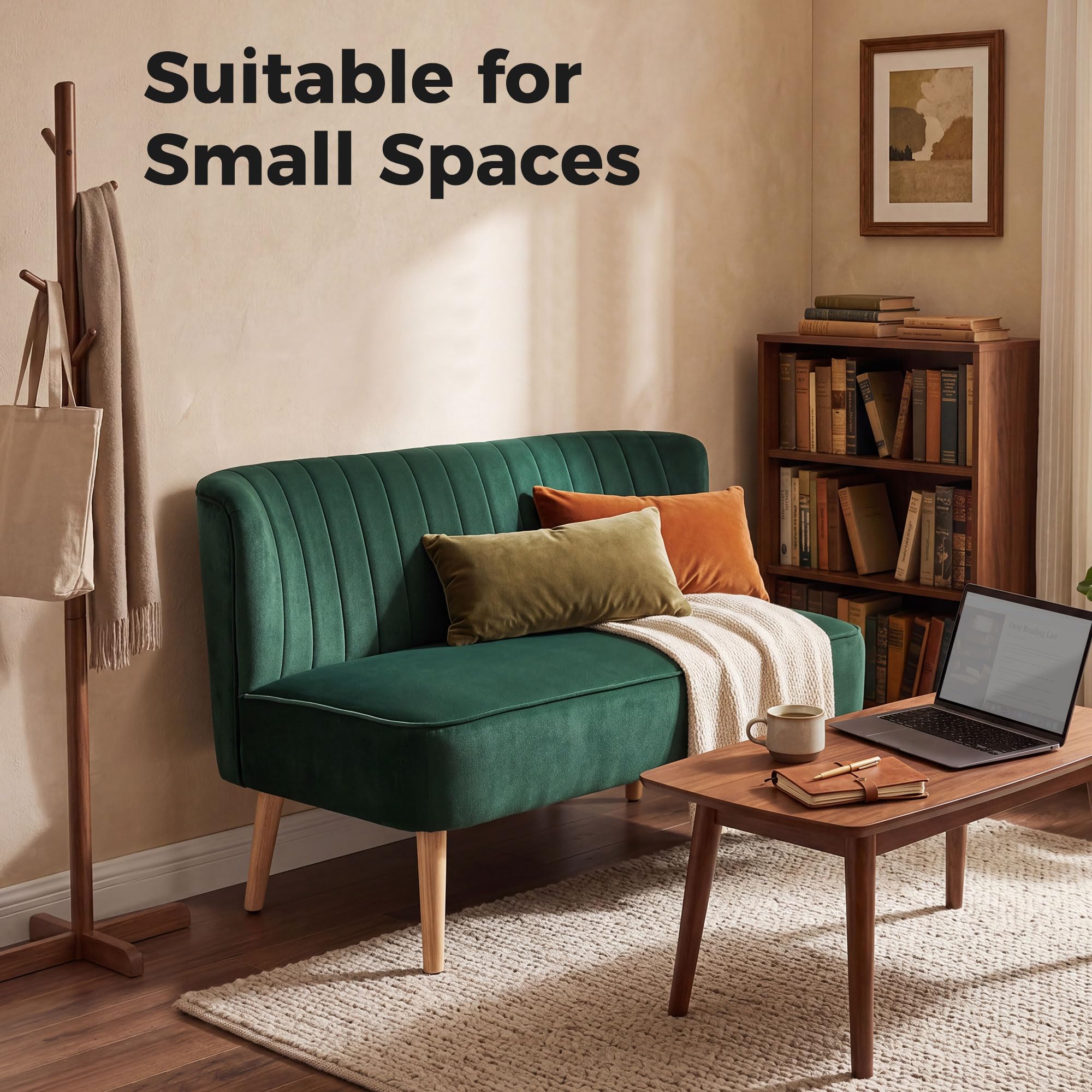 HOMCOM Sofa 2 Sitzer Couch, Kleine Loveseat mit Samt-Optik Modern Polstersofa für Wohnzimmer, Schlafzimmer, kleinen Raum, Dunkelgrün 117 x 56,5 x 77 cm