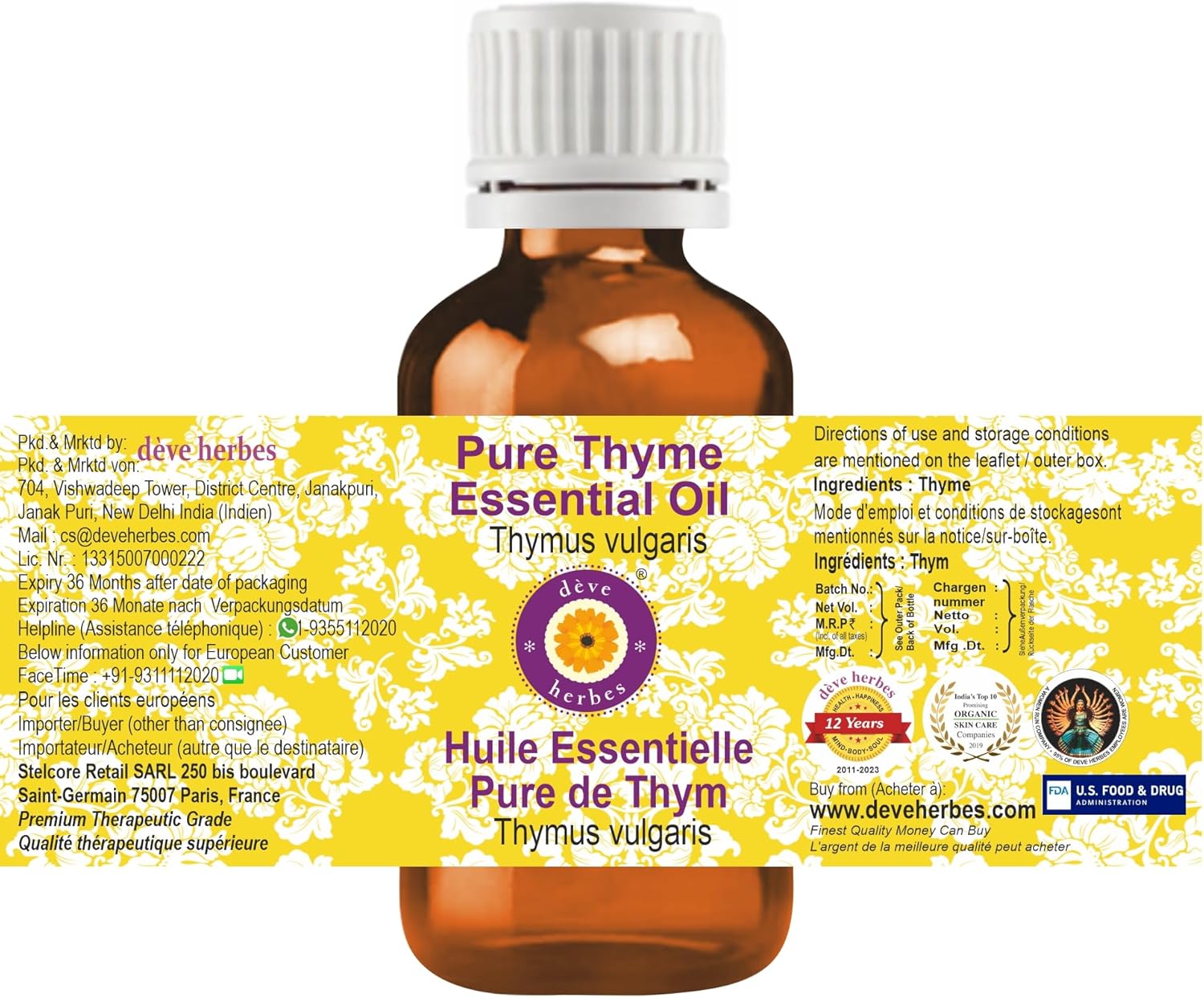 Deve Herbes Pure Thyme Essential Oil (Thymus vulgaris) Steam Distilled 100ml (3.38 oz)