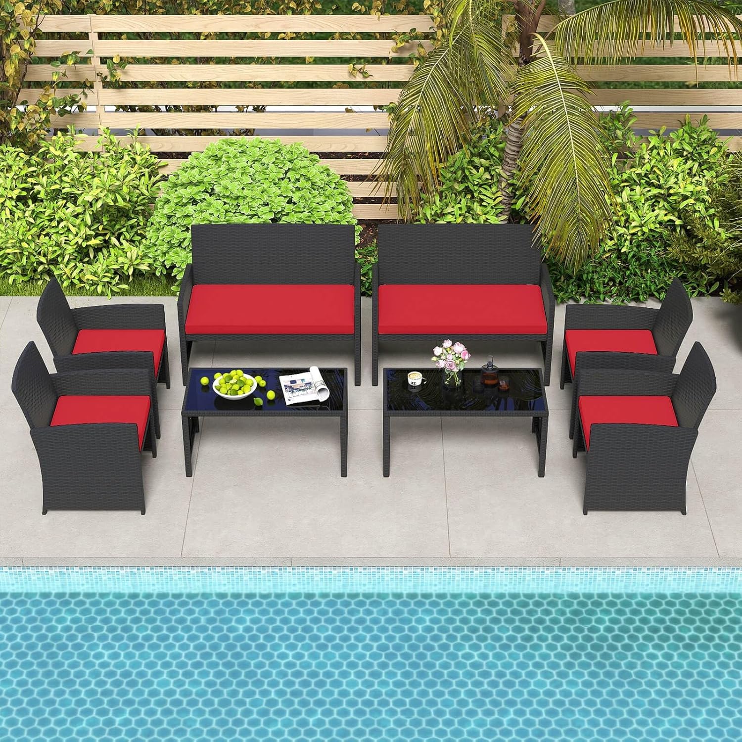 4 PCS Patio Conversation Set w/Seat Cushions & Tempered Glass Tabletop, Porch