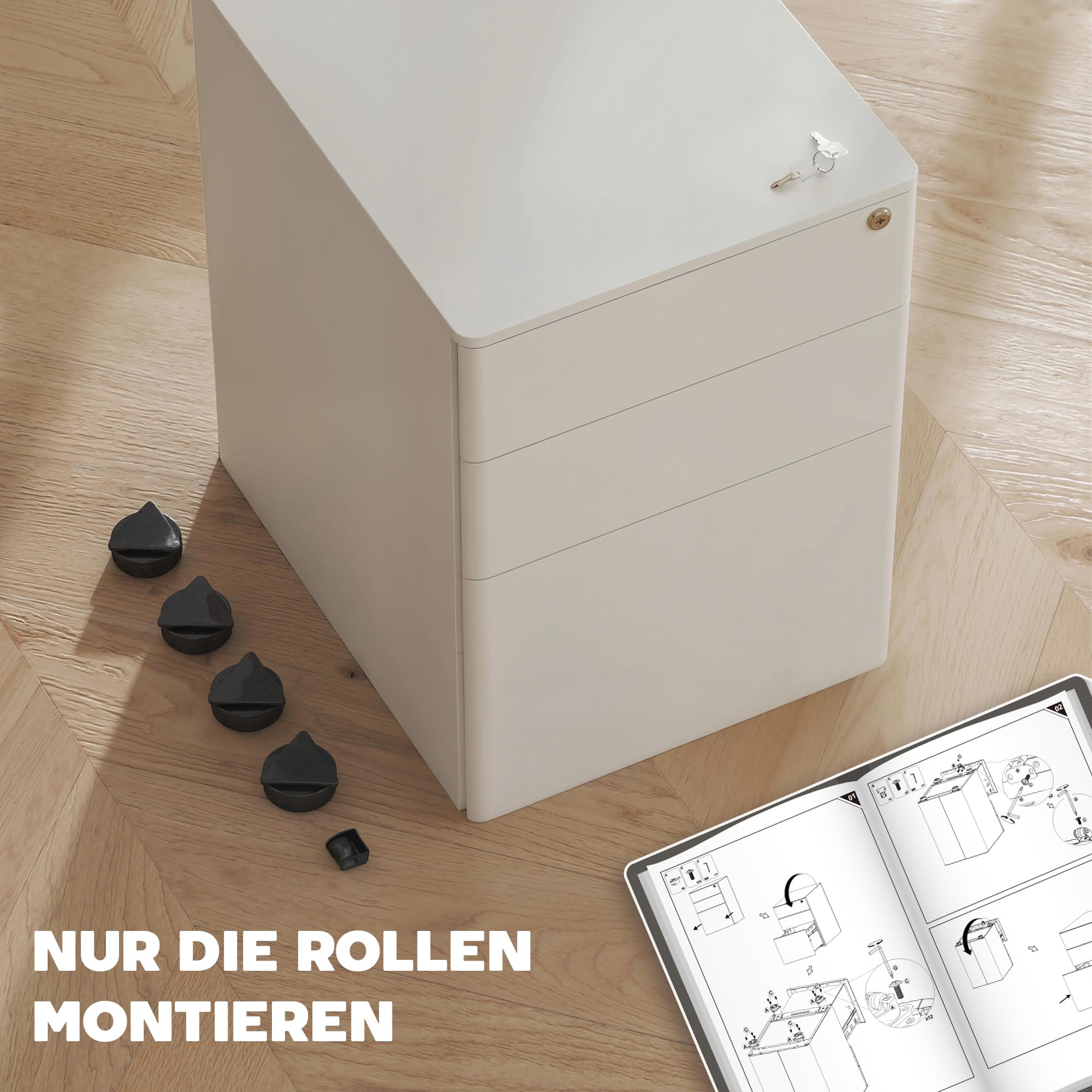 Vinsetto Rollcontainer mit 3 Schubladen abschließbar 39 x 48 x 59 cm Weiß | Mobiler Aktenschrank mit Rollen, Büroschrank mit Hängeregistratur, Stiftfach, Bürocontainer für Büro, Homeoffice