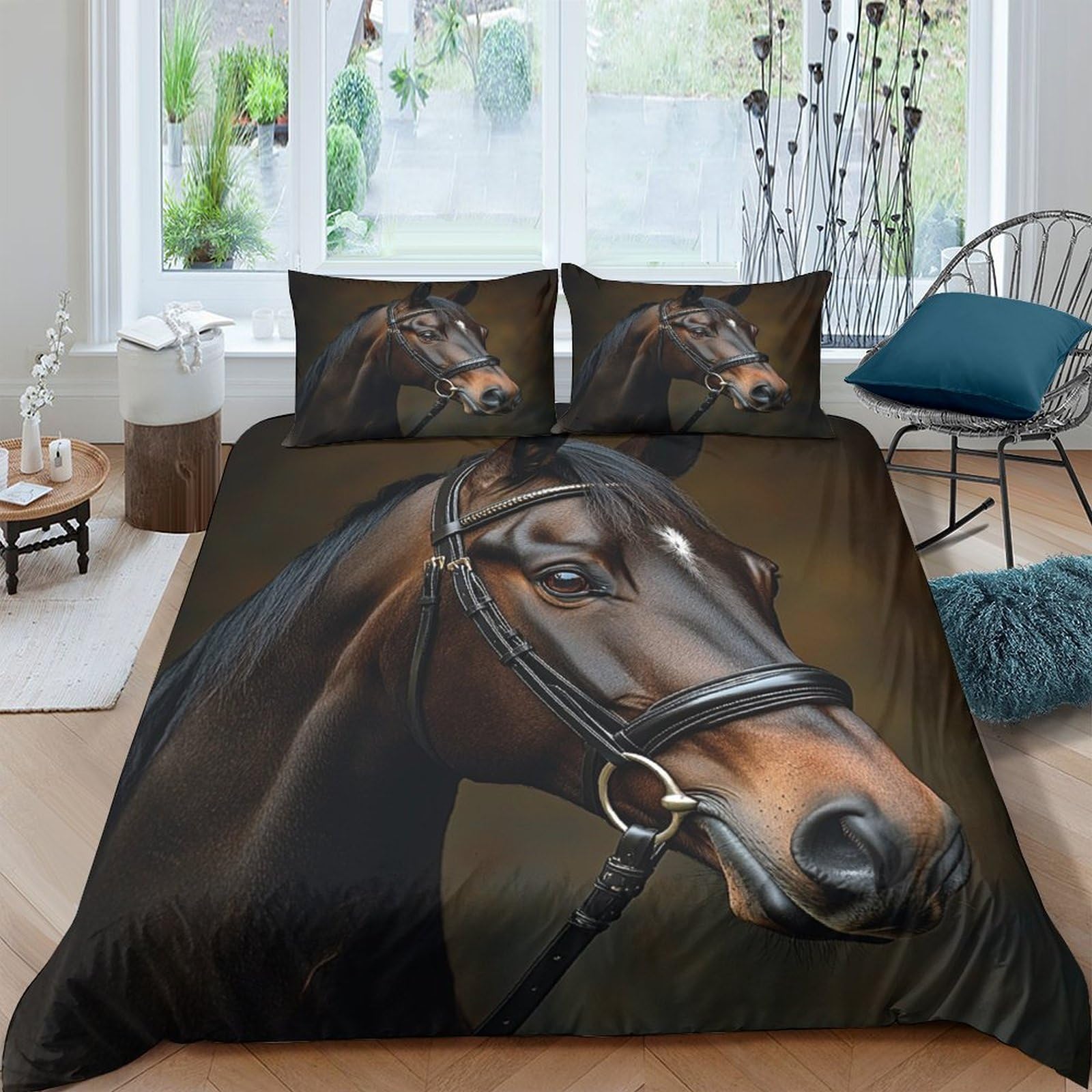 P5V6M1Q9 3D Printed Brown Horse Head Duvet Cover Microfiber Soft Breathable Equestrian Bedding Set with 2 Pillowcases for Bedroom Decor Single（135x200cm）