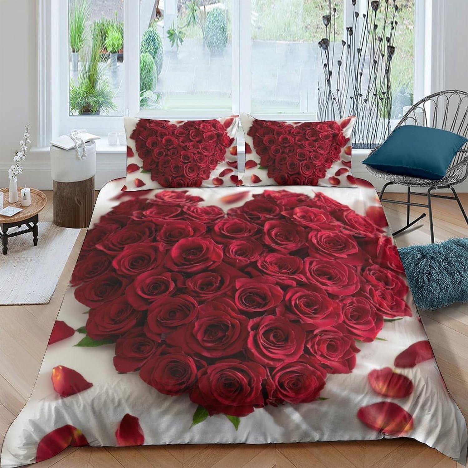 Parure de lit 2 personnes 240x260 rouge et rose avec housse de couette imprimée cœur 3D