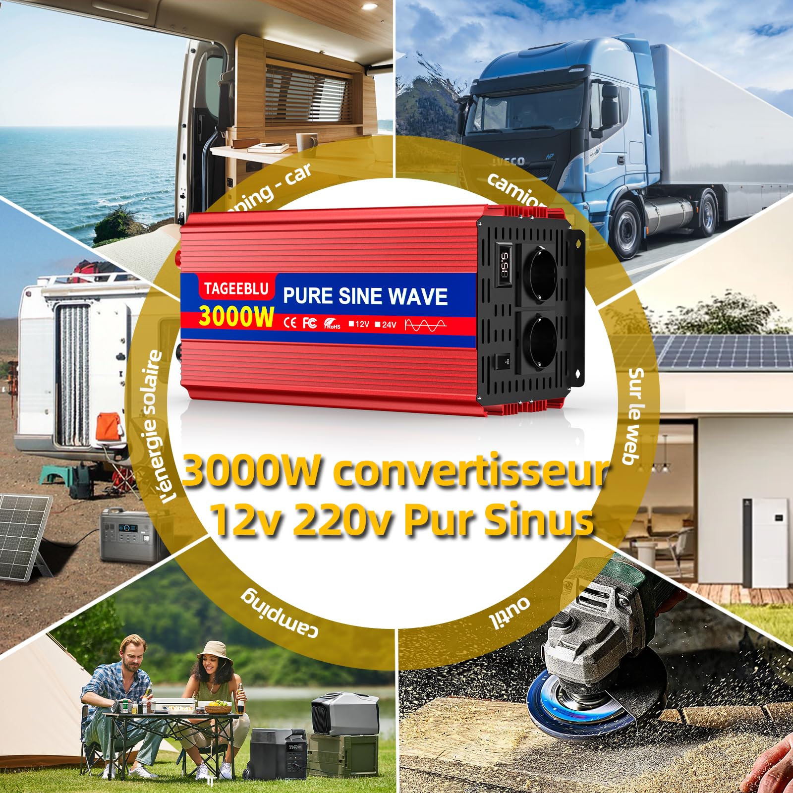 3000W convertisseur 12v 220v Pur Sinus, transformateur 12v 220v avec écran LCD, 2 Prises UE