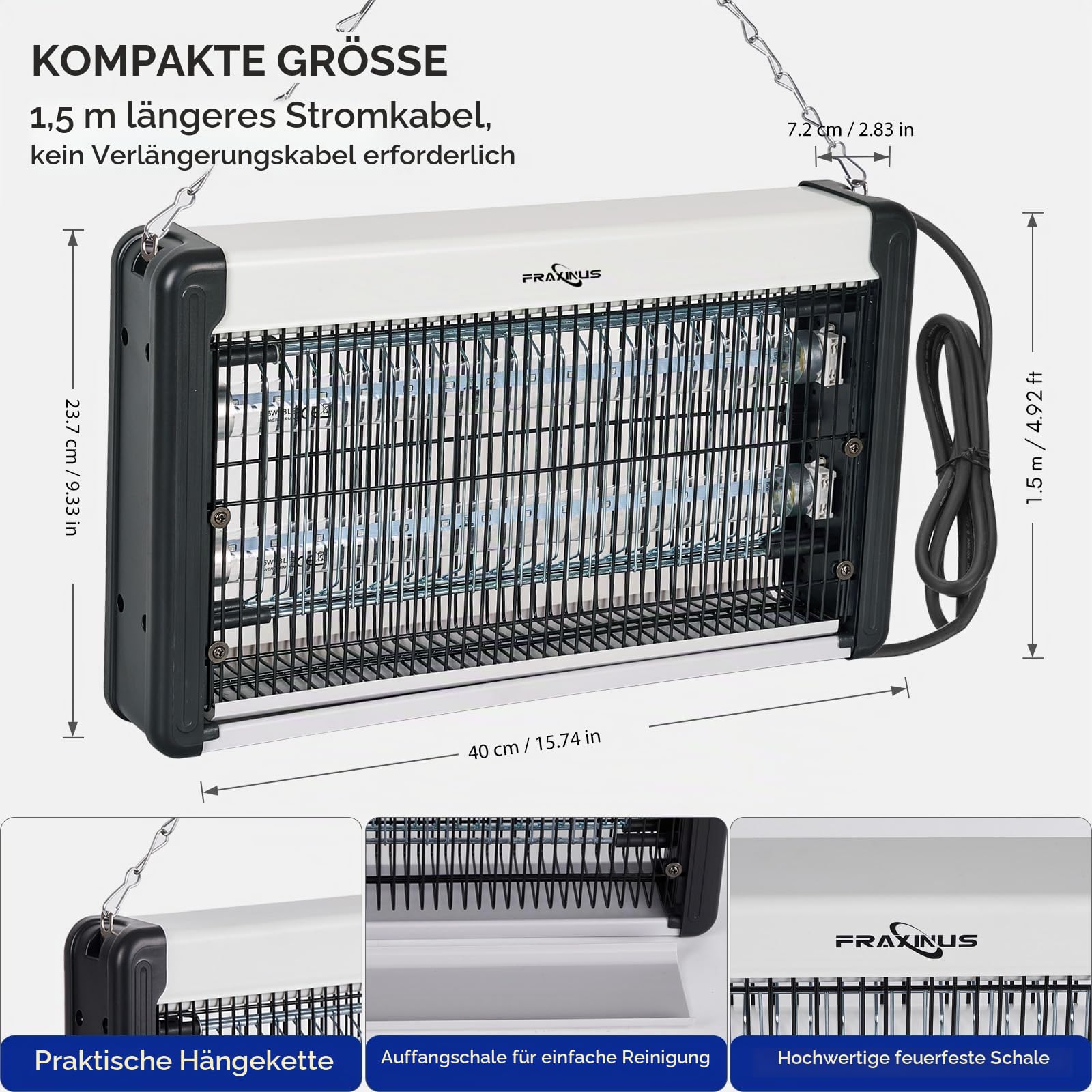 FRAXINUS Insektenvernichter Elektrisch, Fliegenfalle Innenbereich, Mückenfalle Innen, UV Mückenlampe, Energiesparende LED-Licht, Perfekt Gegen Fliegen Motten, Mücken. (Verbesserte mit 1,5m-Kabell)