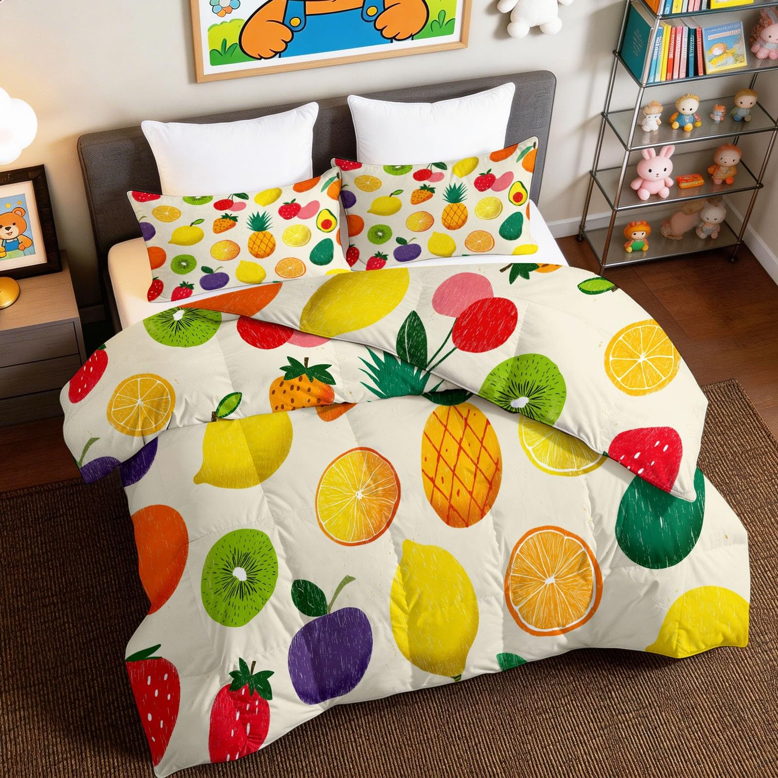 Edredón de verano de 140x200 cm con 2 fundas de almohada blancas reversibles de piña y frutas