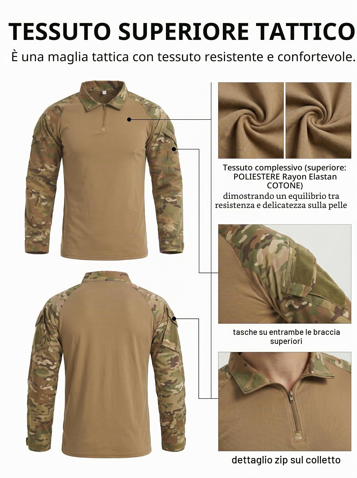 Airsoft, tuta mimetica da uomo, per paintball, combattimento, a maniche lunghe, con chiusura lampo 1/4, militare, per attività all'aperto, mimetica, abbigliamento da caccia BDU..