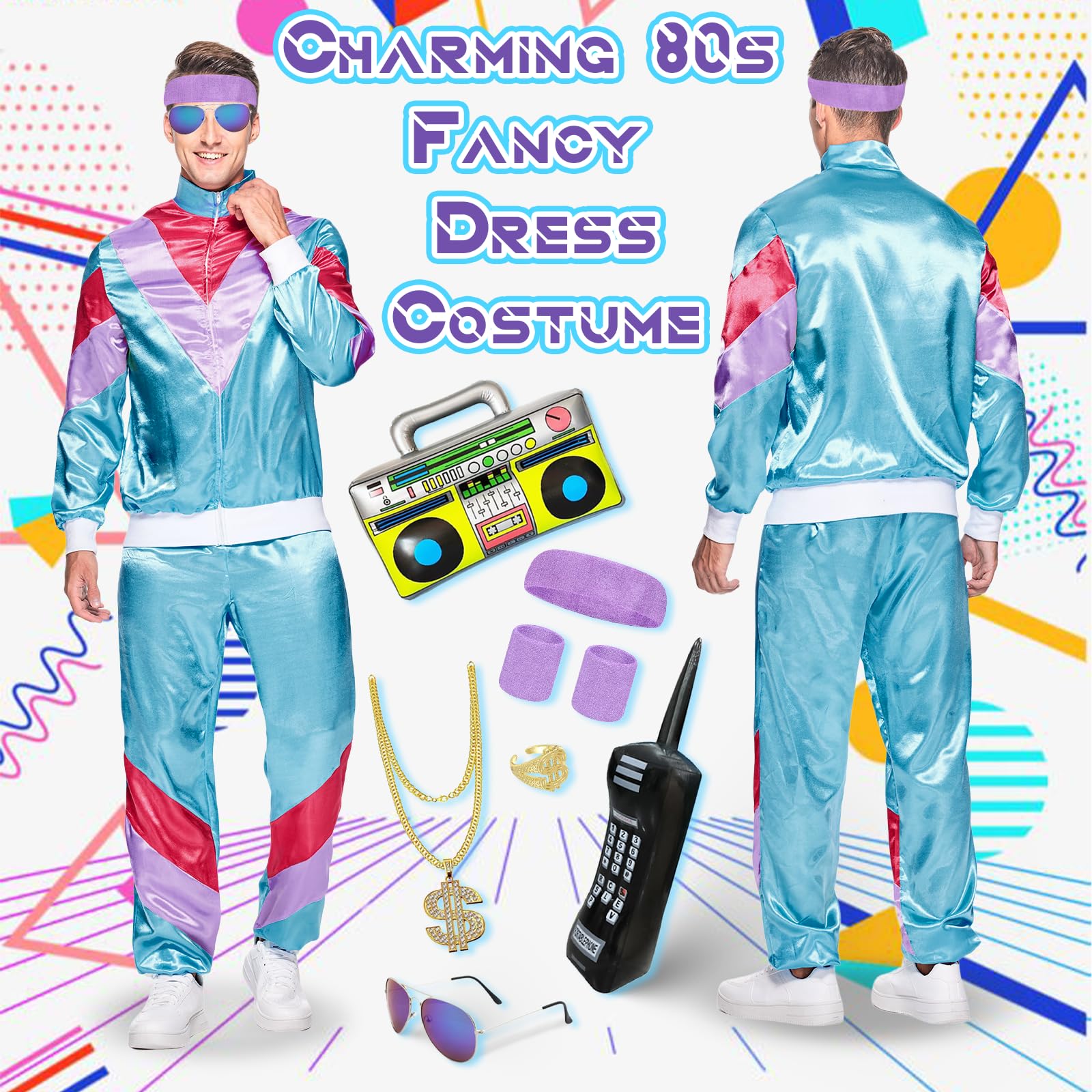 Xerteam 80s 90s Fancy Dress Men Women Shell Suits, Sportswear Jacket, Pant, Headband, Wristbands, Glasses - Image 3