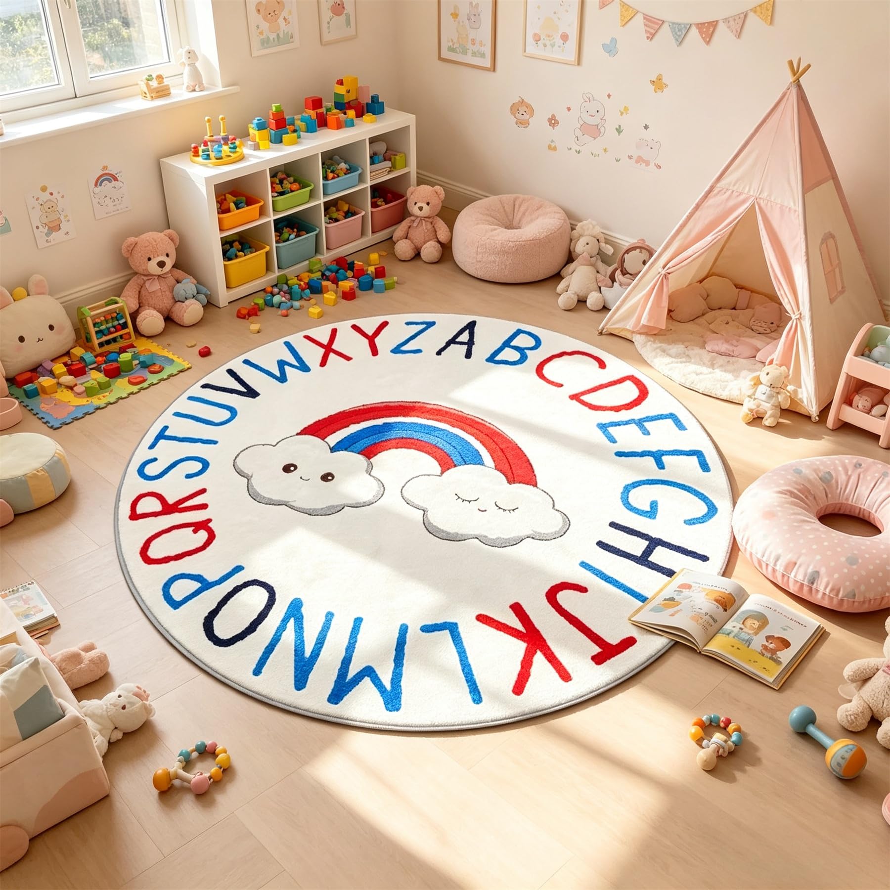 Round Rug Washable, 60cm Kids Rugs Playroom Non Slip Low-Pile Rainbow ABC