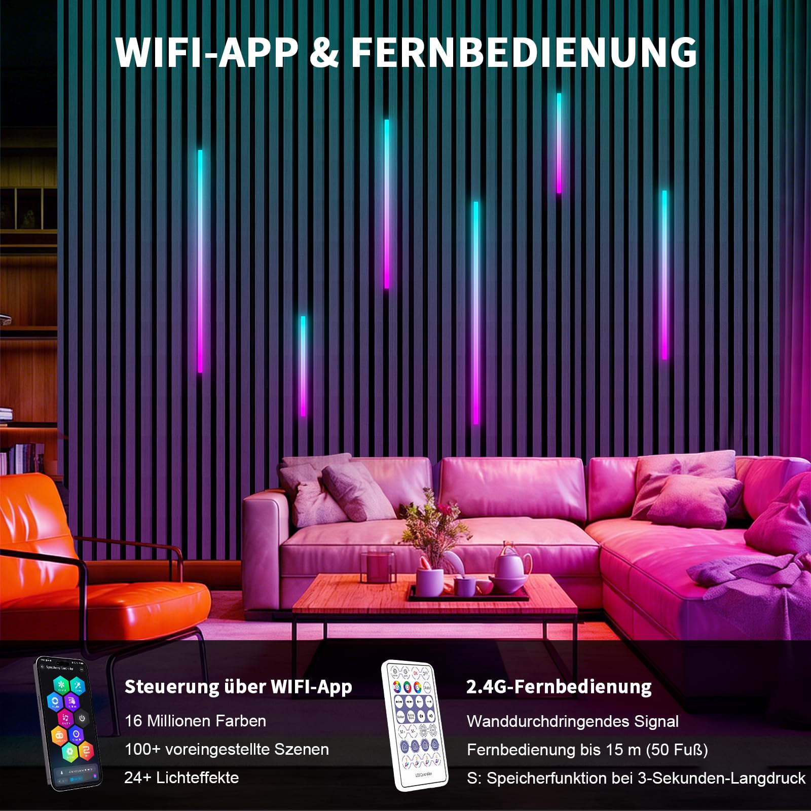 RGB+IC LED Akustikpaneele Beleuchtung, 6 Stück Intelligente Farbverfolgende Wandpaneele Beleuchtung mit Alexa & WLAN-App-Steuerung, DIY LED Streifen mit mehreren Farben (38 * 2+56 * 2+89 * 2cm)