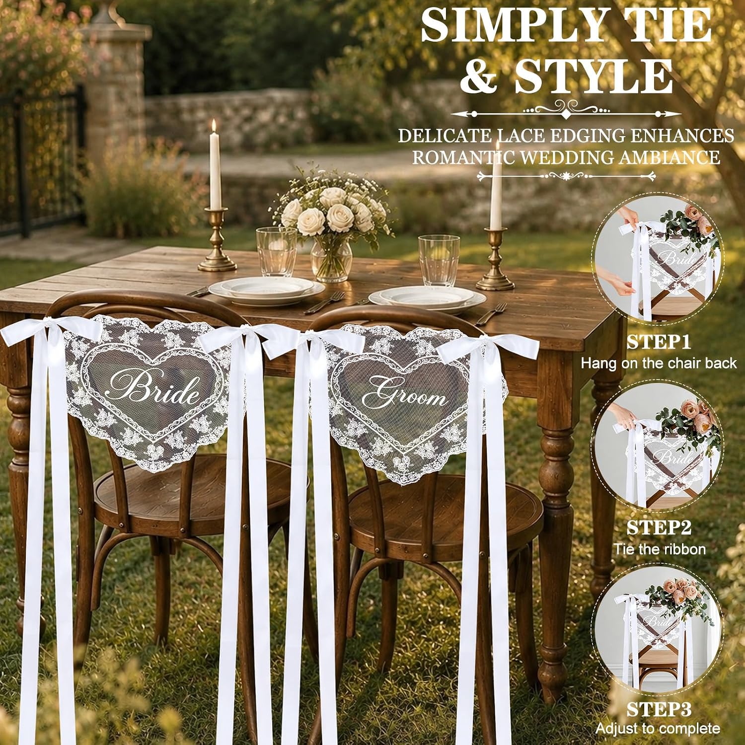 2Pcs Heart-shaped Married Decorations Personalized Sheer Lace Wedding Chair Sign Chairs Back Decoration for Wedding Reception Sweetheart Table Seating Decor Set Bride & Groom image 4