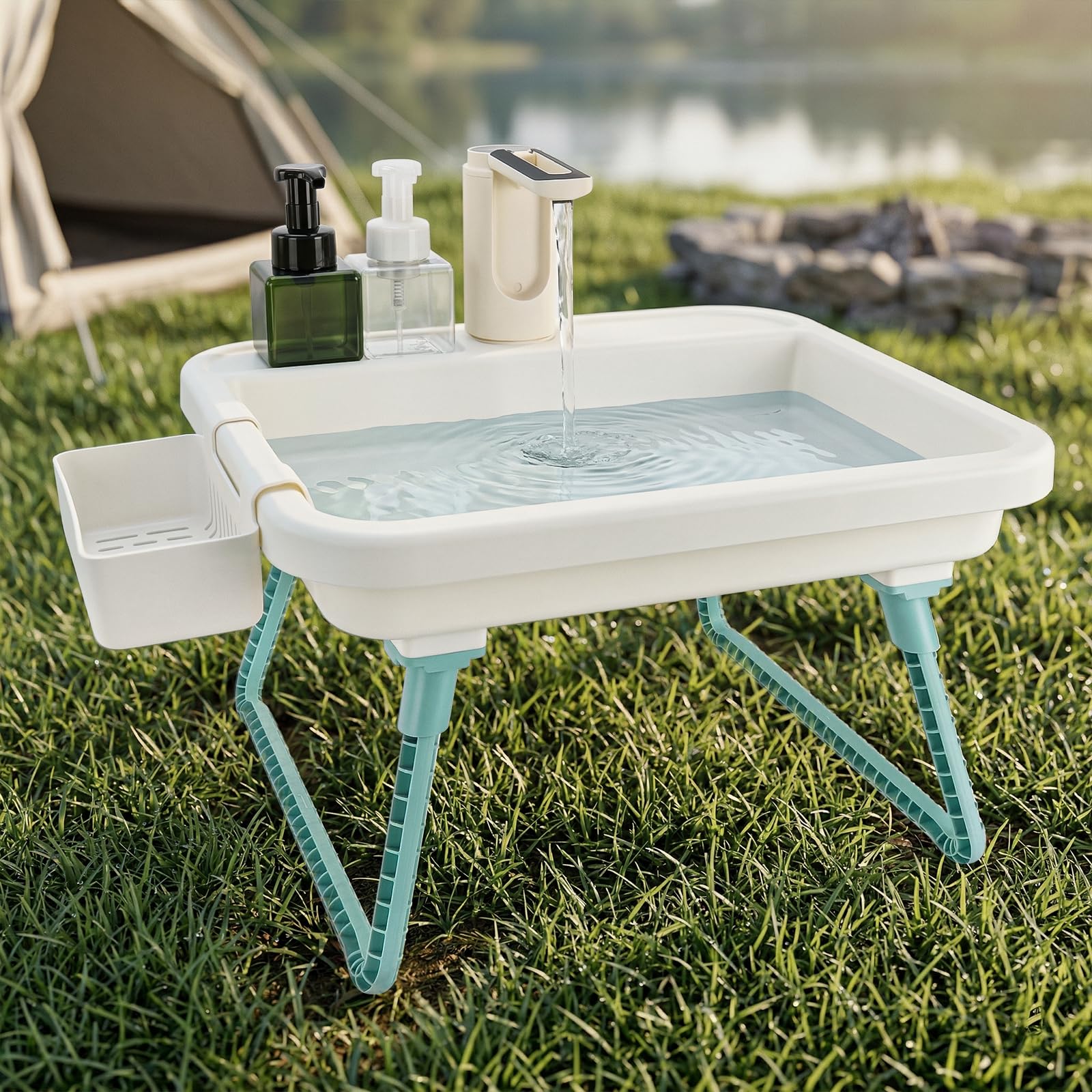 Verbessertes tragbares Waschbecken mit elektrischem Wasserhahn und verstellbarer Höhe, freistehendes Allzweckbecken auf Ständer, Handwaschbecken mit Seifenspender für Wohnmobil, Camping