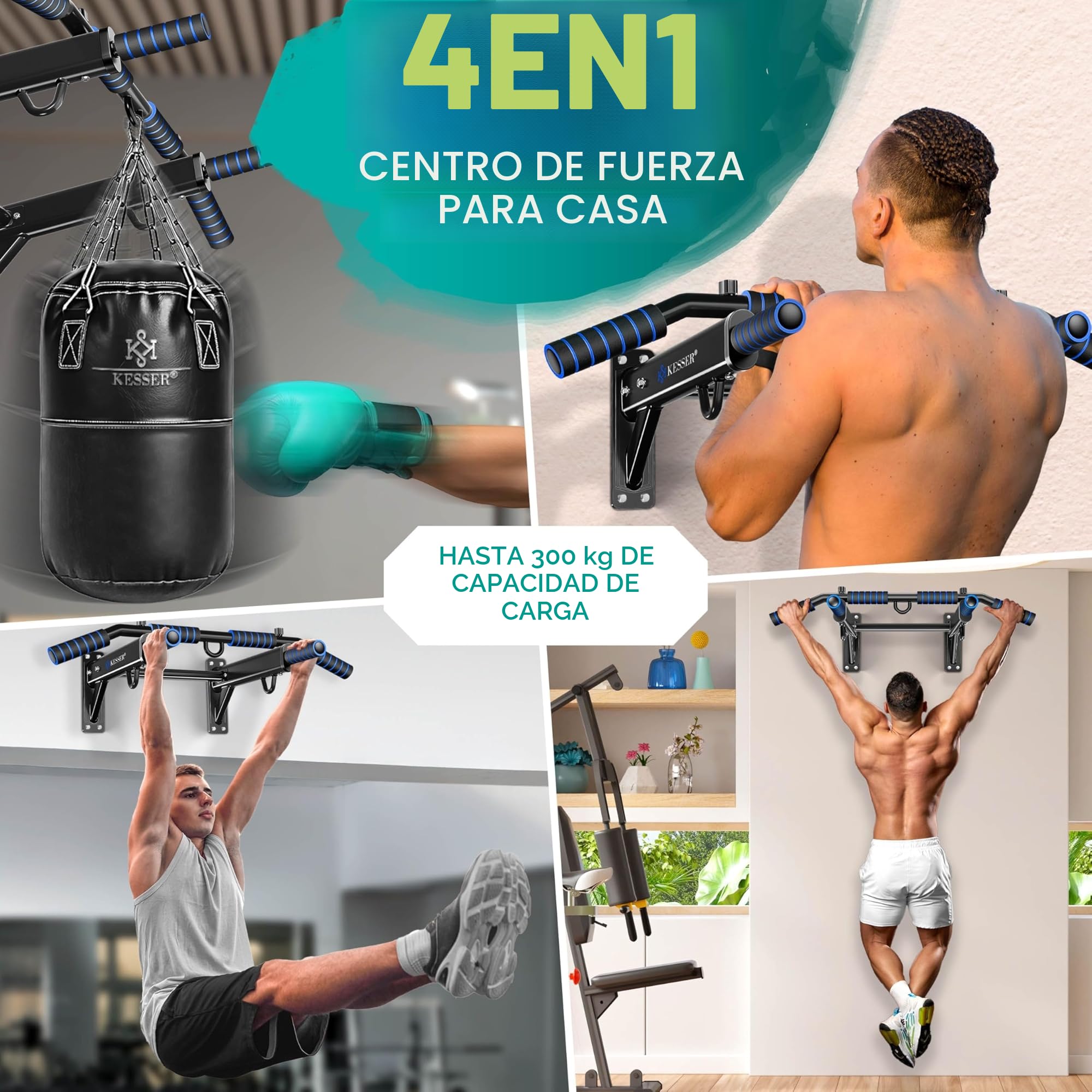 KESSER® Barra de dominadas 4 en 1 para montaje en la pared, asas antideslizantes, función adicional para anillos de cuerdas y sacos de boxeo | seguro y estable | Barra de dominadas para el hogar