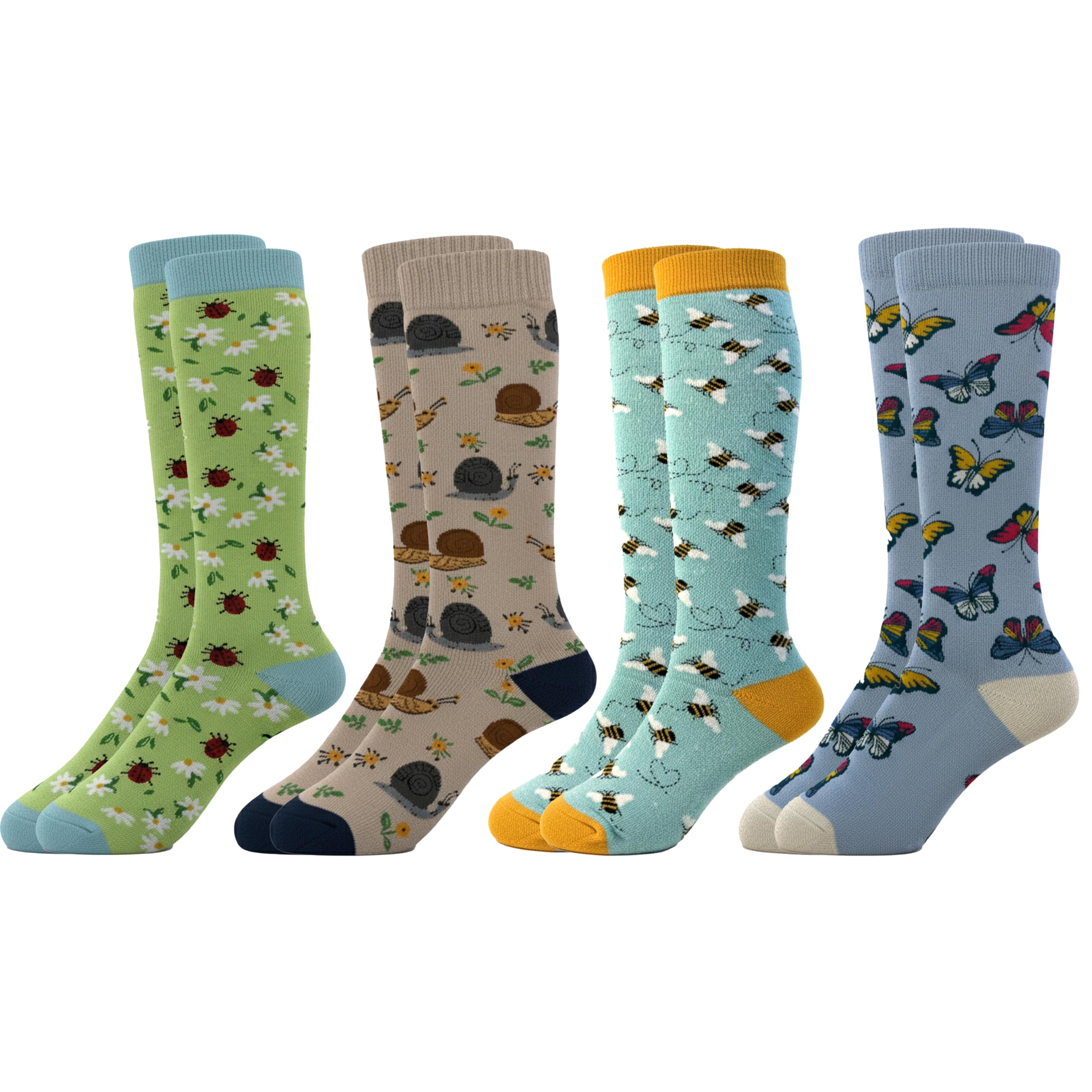 Sock Stack Women’s Wellington Socks 4 Pack Long Welly Socks Outdoor Warm Durable & Soft Fit UK Size 4‑8, Garden Bugs