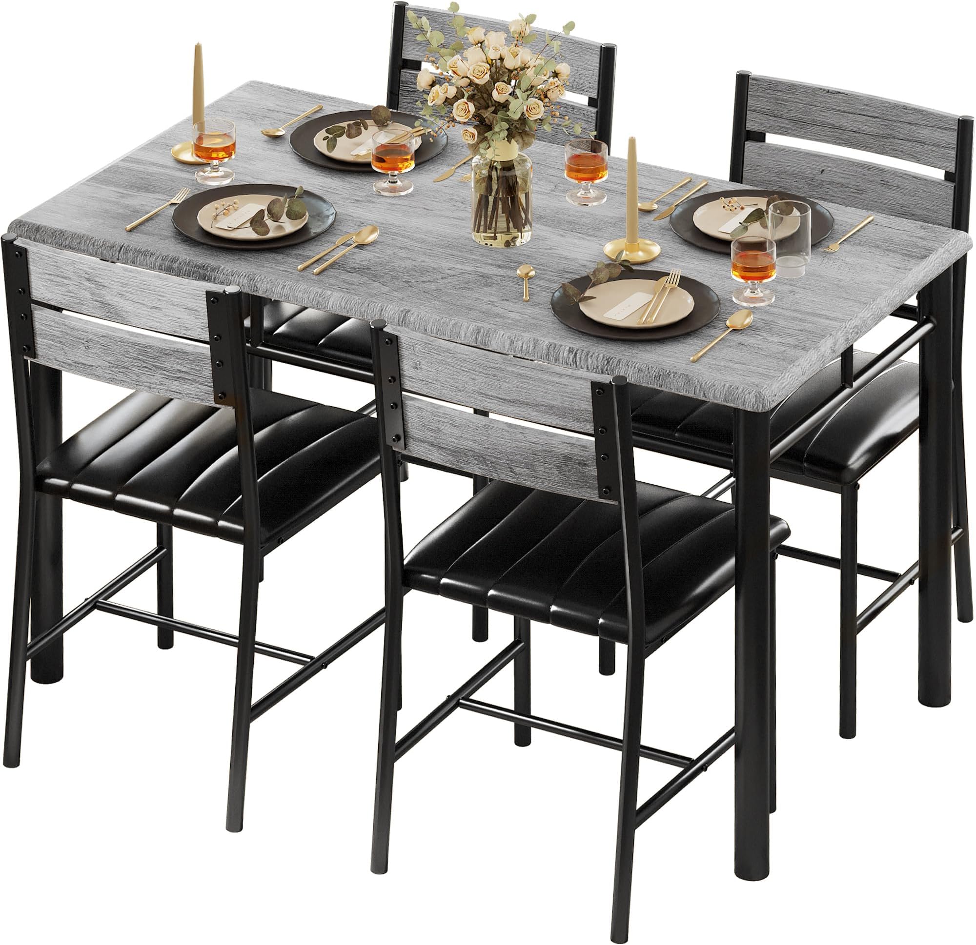 IRONCK Dining Table Set for 4, Wood Kitchen Table with Upholstered Chairs for Kitchen Room and Small Spaces, Grey