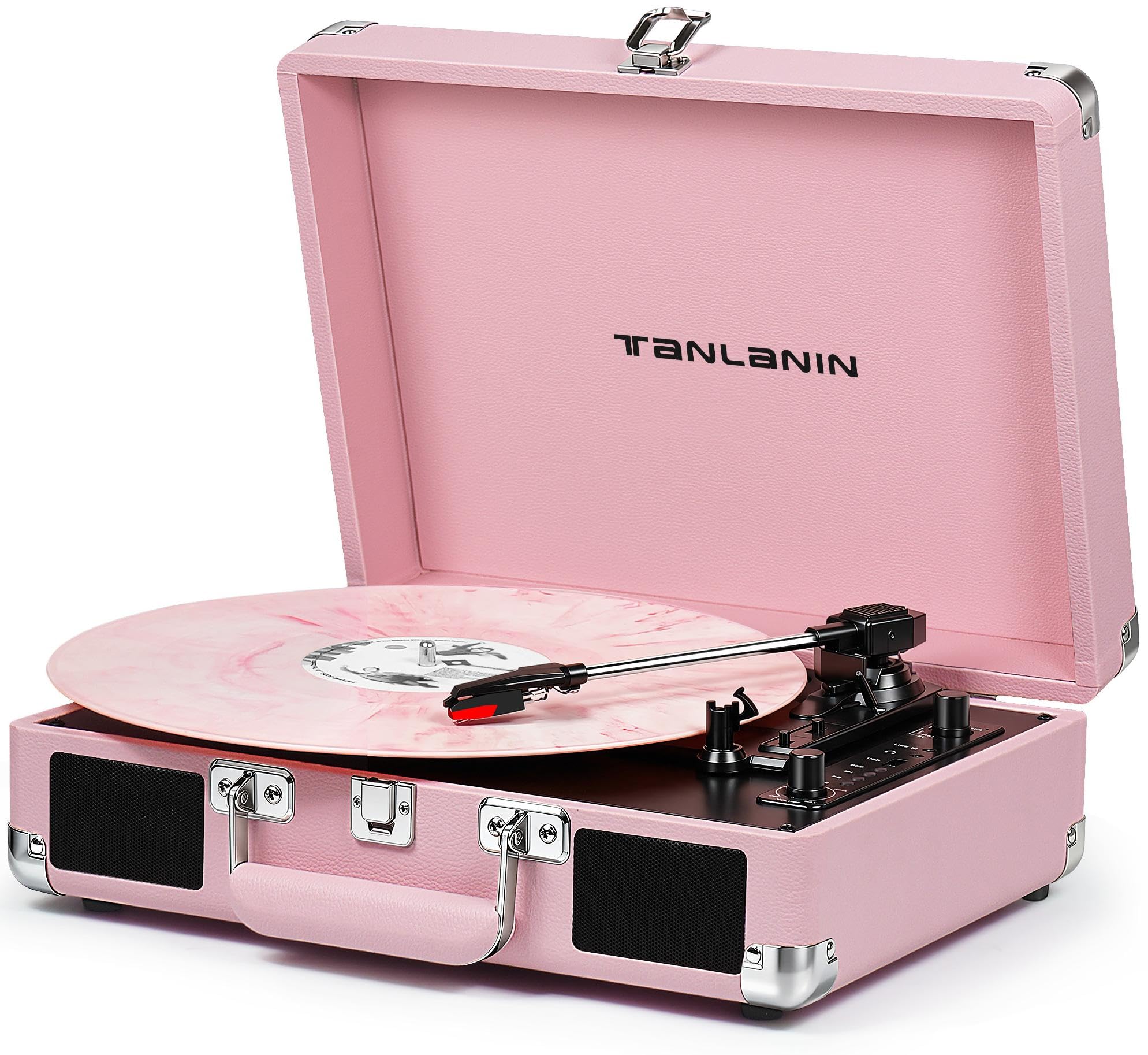 Pink Record Player with Speakers, Bluetooth, 3-Speed Turntable