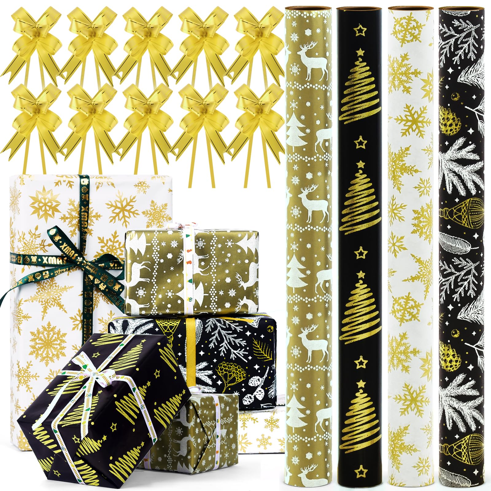 AhfuLife 4 Rolls Christmas Wrapping Paper Set for Gift, 43cm x 3M Xmas Gold Wrapping Paper Rolls with 10Pcs Ribbons, Recyclable Wrapping Paper for Boxes Wrap Birthday Festival Party Decorations