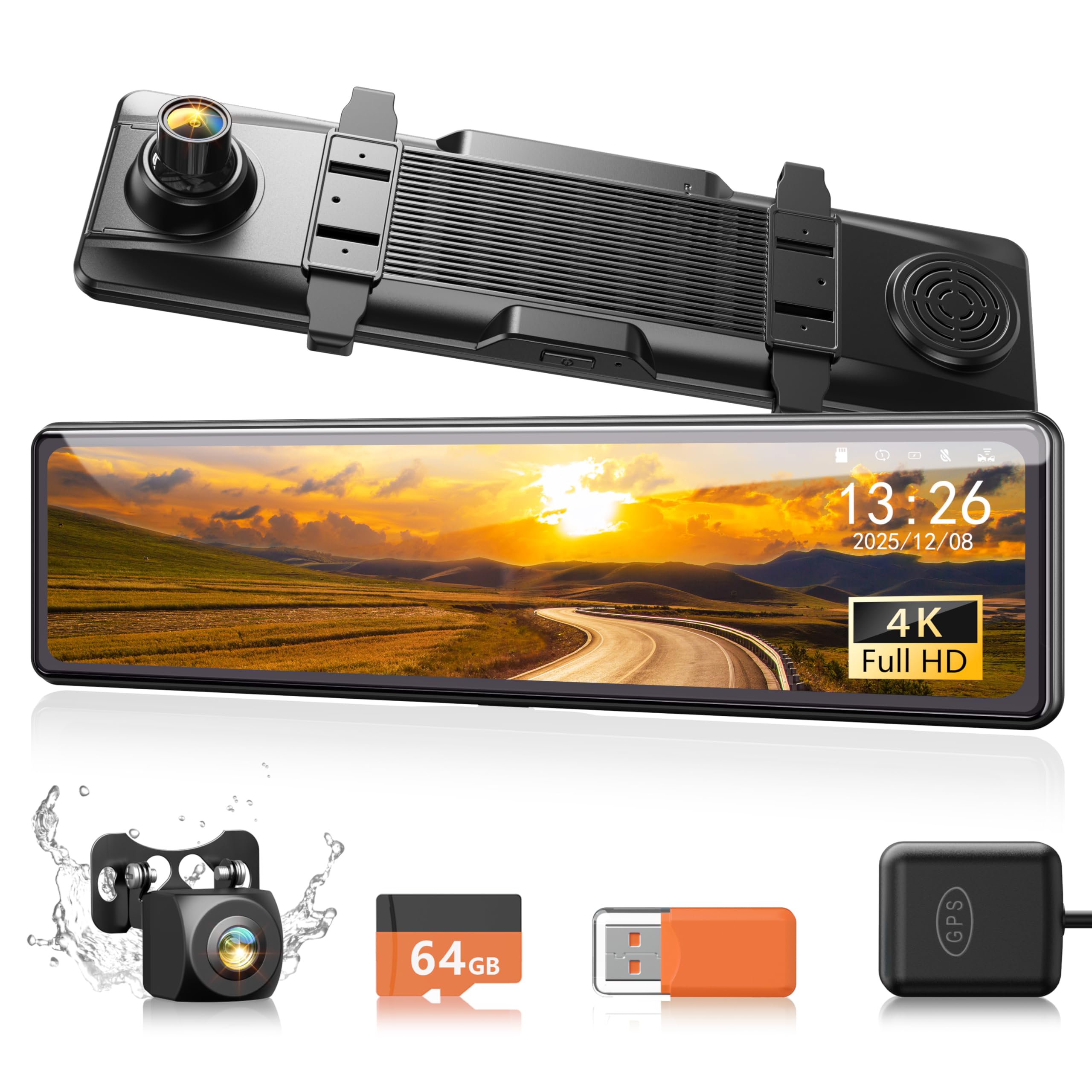 iZEEKER 4K Dashcam Voiture Avant Arrière, Caméra Rétroviseur 4K Écran Tactile, Carte SD 64GB, GPS, Écran 12", G-Capteur, Enregistrement Boucle, Assistance Parking, Mode Parking 24H, Vision Nocturne.