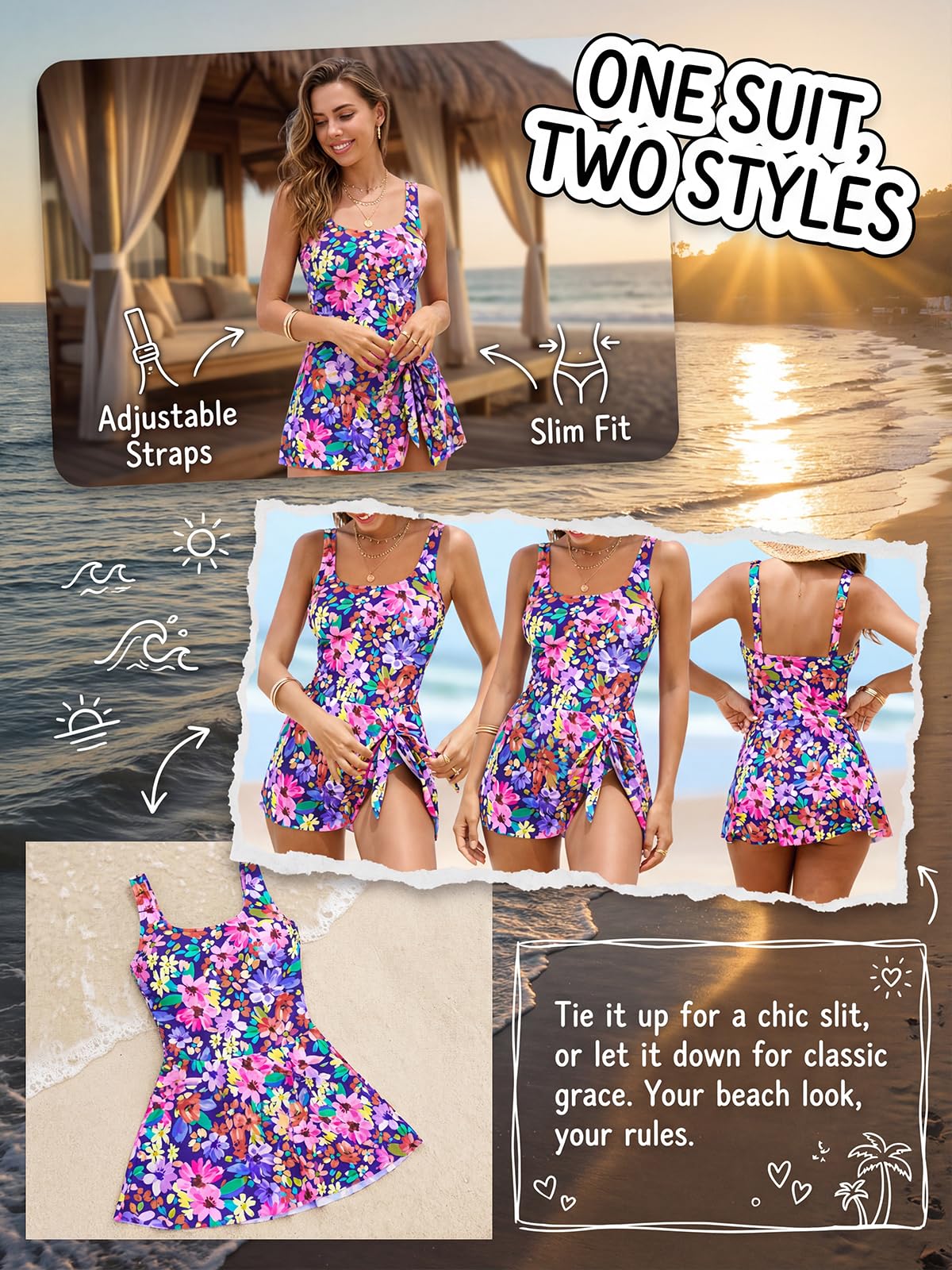 CUPSHE Maillot de bain une pièce pour femme - Col rond - Bretelles larges - Nœud noué