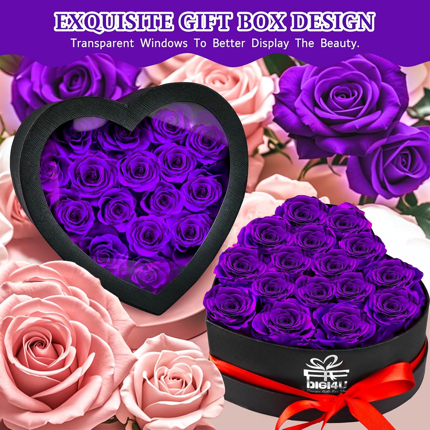 Extra Large 16 Preserved Roses Forever Flower Heart Shape Box Gifts with Necklace for Her Women Girlfriend Wife Mom Christmas Valentines Day Birthday Anniversary