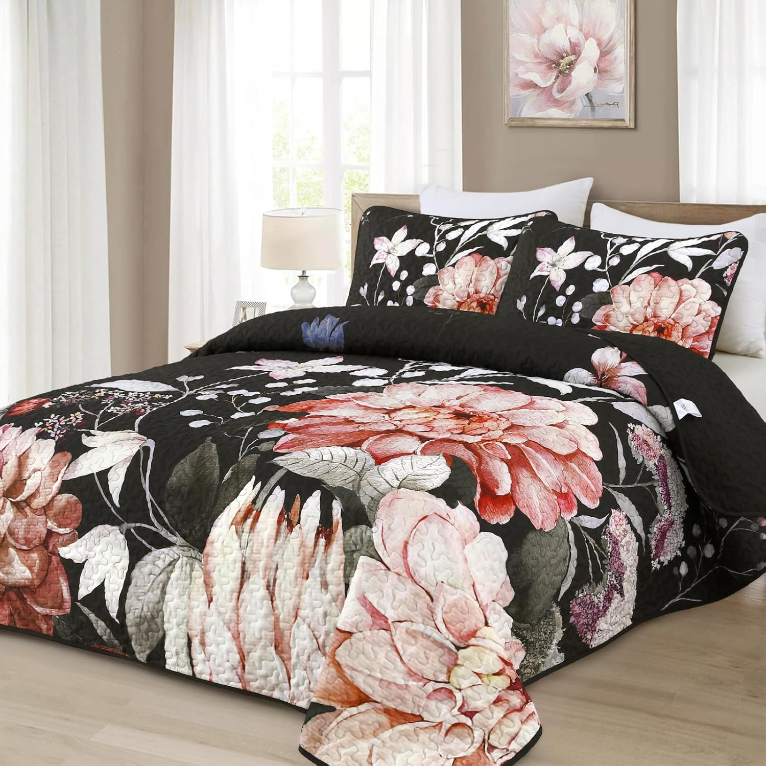 Drucon Floral Quilt King Size - 3 Pieces Black Quilt Botanical Bedspread Soft Lightweight Flower Bedding Set for All Season (104"x90") - Image 2