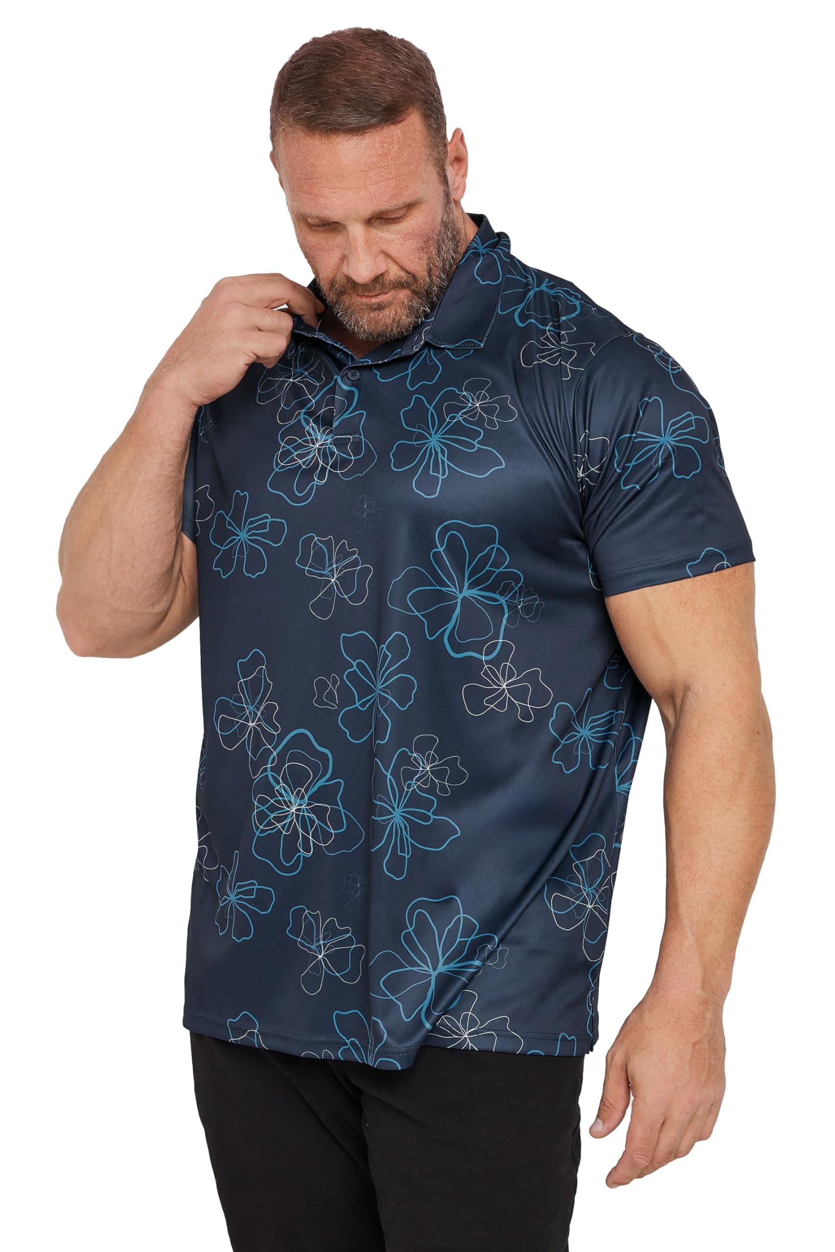 BadRhino Golf Big & Tall Navy Floral Print Polo Shirt - Men's - Plus Size Curve