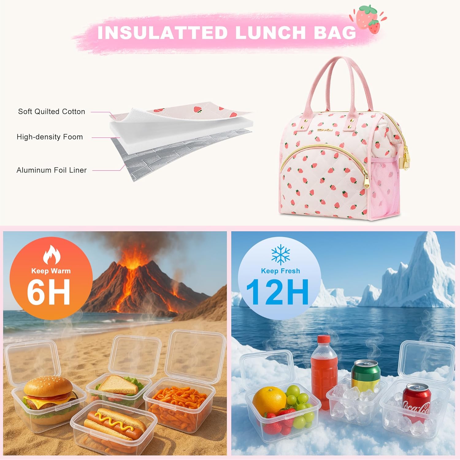 Strawberry Lunch Bag for Women, Cute Insulated Lunch Box with Wide-Open, Reusable Portable Leakproof Cooler Lunch Tote Bags for Work, Picnic, Travel, or Christmas Gifts – Little Strawberry - Image 3