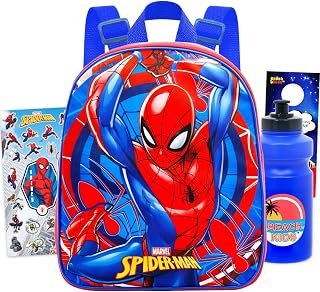 Spider-Man Mini Backpack for Kids Women Bundle - 12" w Adjustable Straps | Spiderman Small Backpack w Pocket for Travel & Daypack w/ Water Bottle, Stickers, More ~ Fits Girls, Boys, Adults