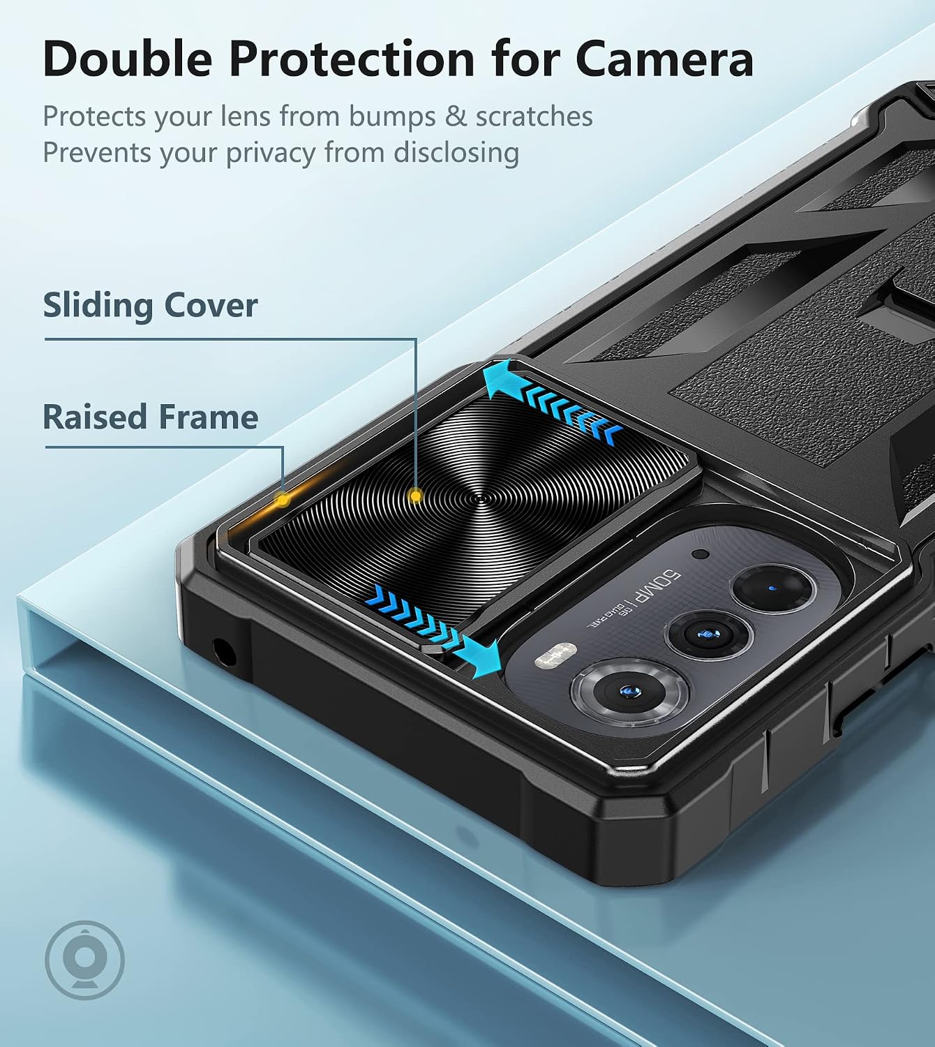 FNTCASE Military Grade Moto Edge 2022 Case: Shockproof TPU, Sturdy Kickstand & Camera Slide Cover - Black