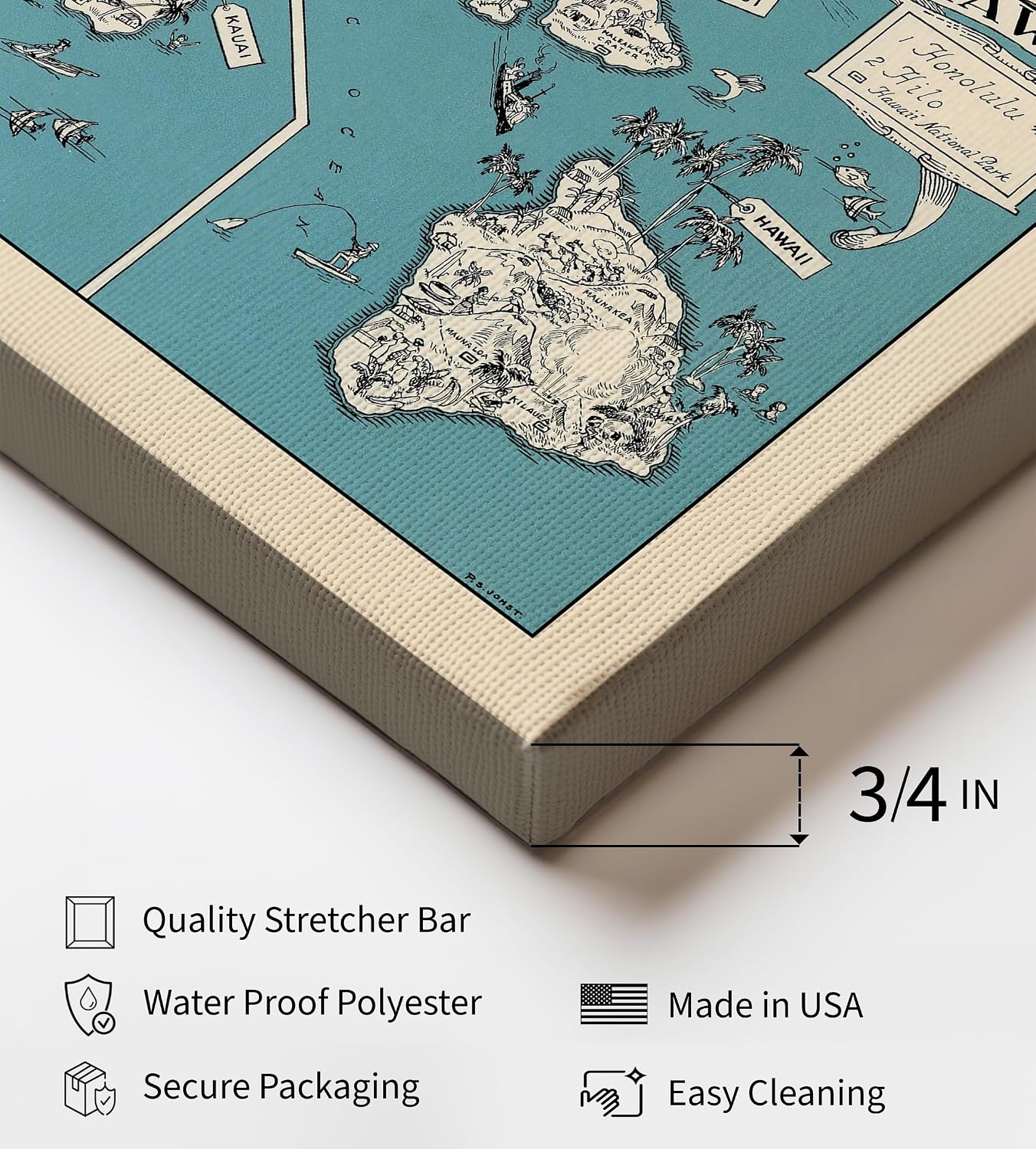 Poster Master Hawaii Travel Canvas - Aqua Turquoise 1930s Vintage Map Print - Hawaii Souvenirs Art - Unique Wall Decor for Home, Living Room, Bedroom, Bathroom - 8x10 STRETCHED Canvas
