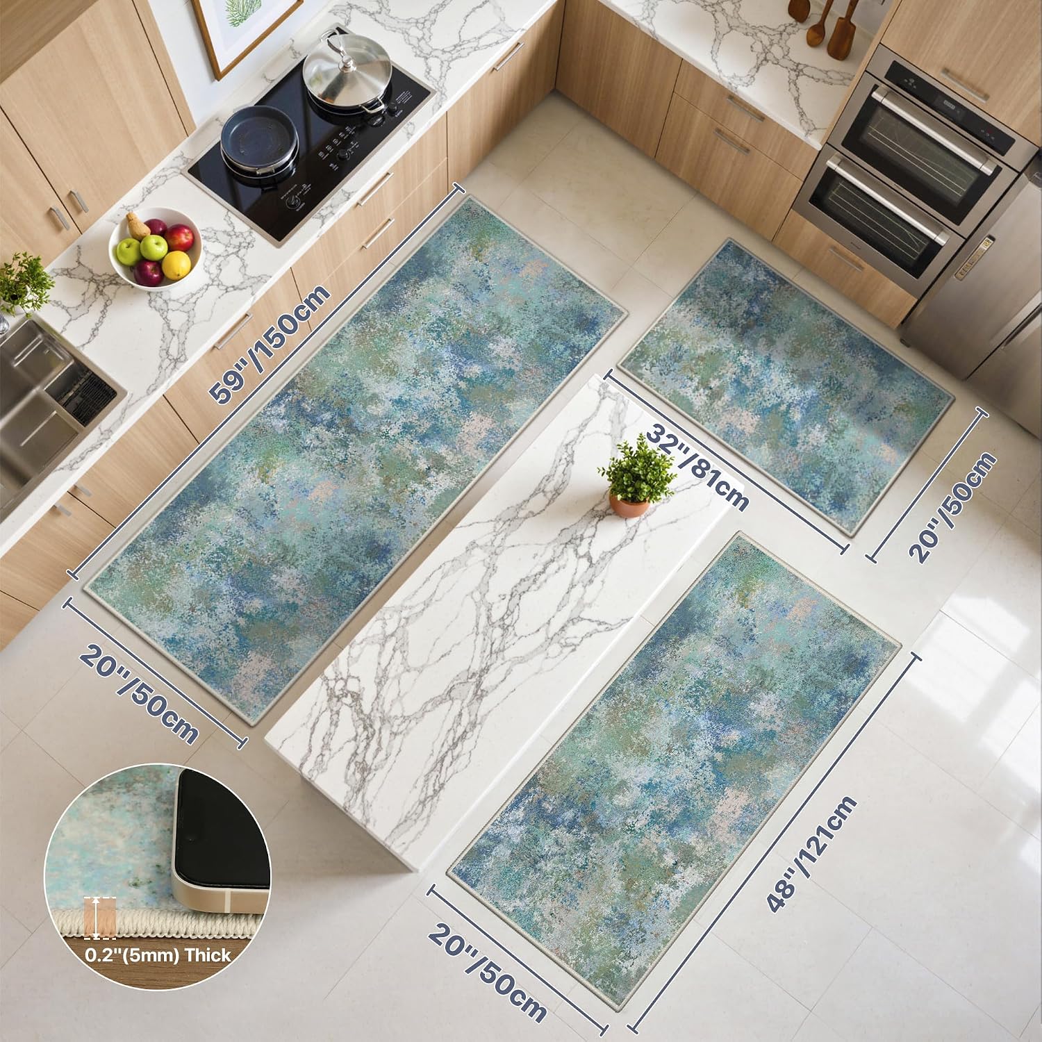 GENIMO Kitchen Rug Sets of 3, Non-Slip Washable Low-Pile Kitchen Mats for Floor, Waterproof Abstract Kitchen Runner Rug, Floor Mat Carpet for Hallway, Laundry, Sink, Entryway, Bathroom, Blue