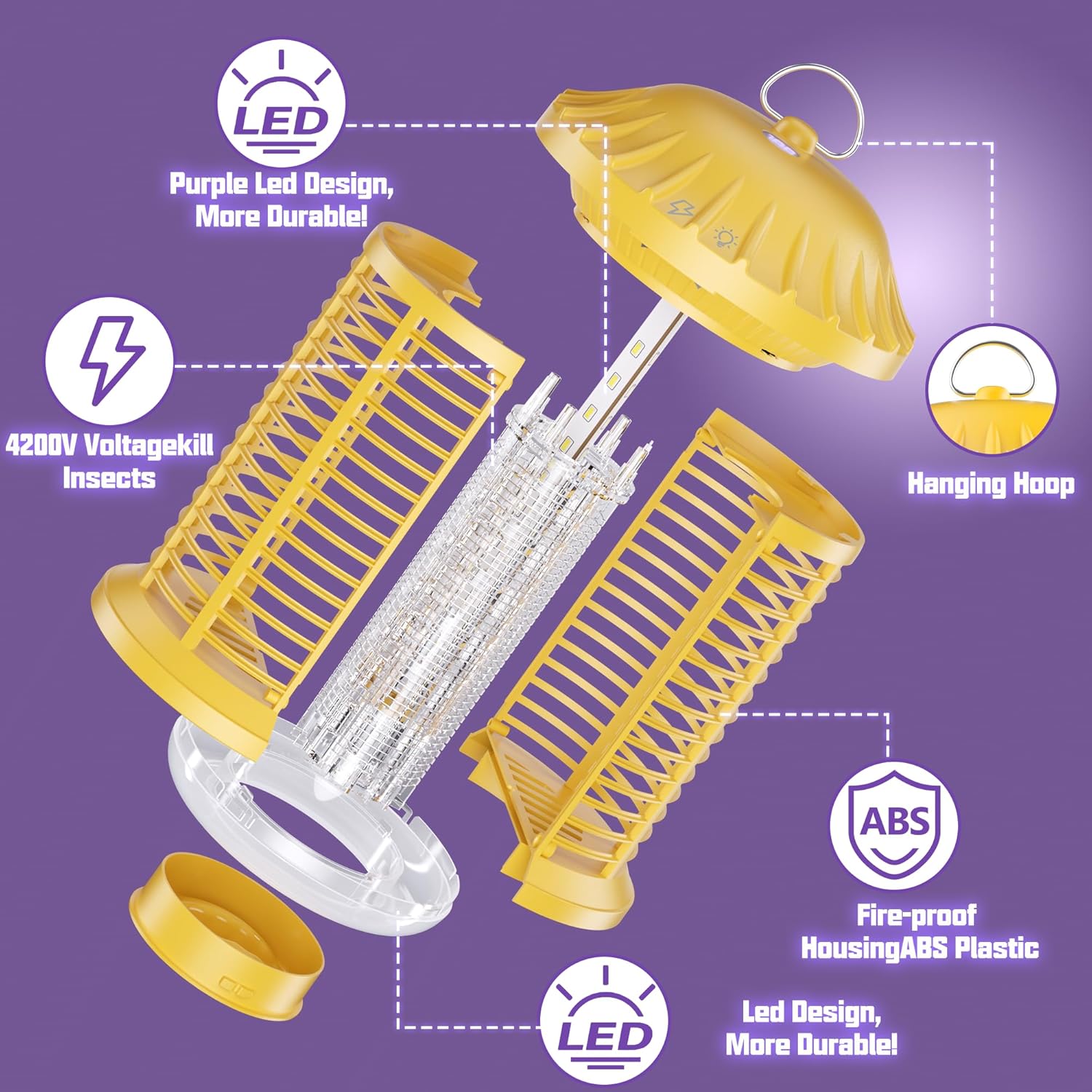 Bug Zapper Indoor & Outdoor, Water Proof Mosquito Zapper with LED Light, 4200V Electric Bug Zapper for Home Patio Office Courtyard（Yellow）