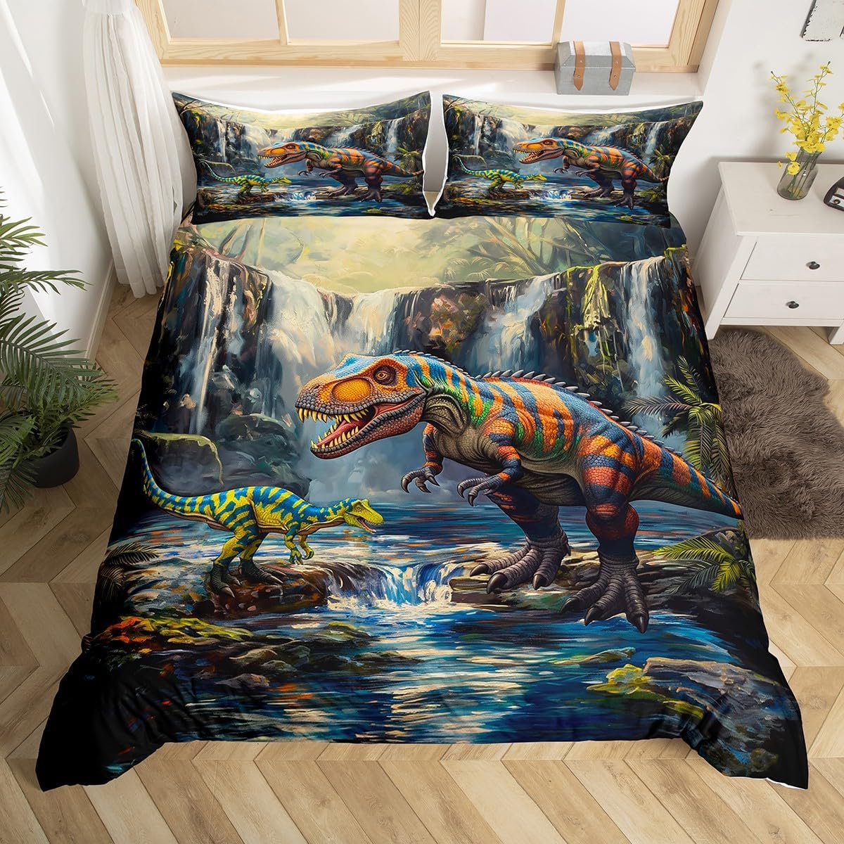 Watercolor Dinosour Kids Duvet Cover Set Queen Size,Jungle Pine Trees Mountain Bedding Set,Boys Girls Room Decor,Dino Ancient Animals Comforter Cover,Green Blue Quilt Cover,2 Pillowcases(No Comforter)