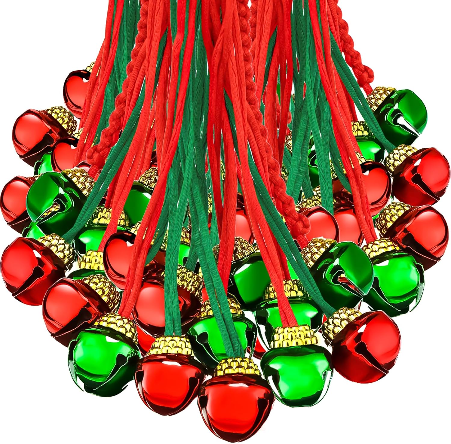 BBTO 120 Pieces Christmas Jingle Bell Necklaces Bulk Red and Green Bell Holiday Necklace Supplies Decorations Presents (Red, Green)