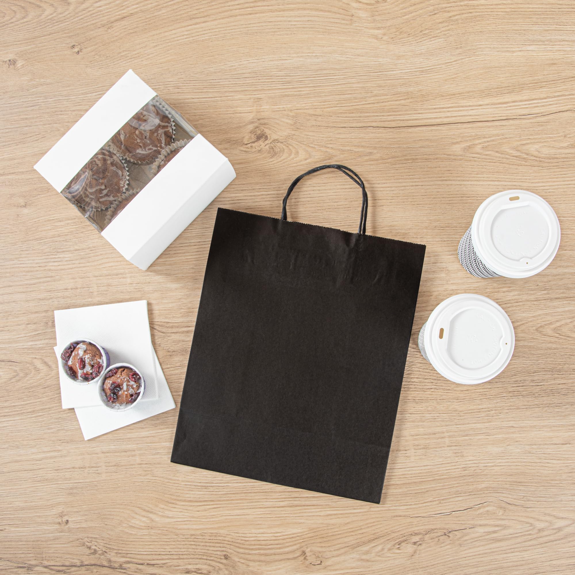 Restaurantware - Bolsas de compras de papel de 10.2 x 5.5 x 12.6 pulgadas, 100 bolsas resistentes con asas, duraderas, para comestibles, bolsas de papel negro con asa, para regalos