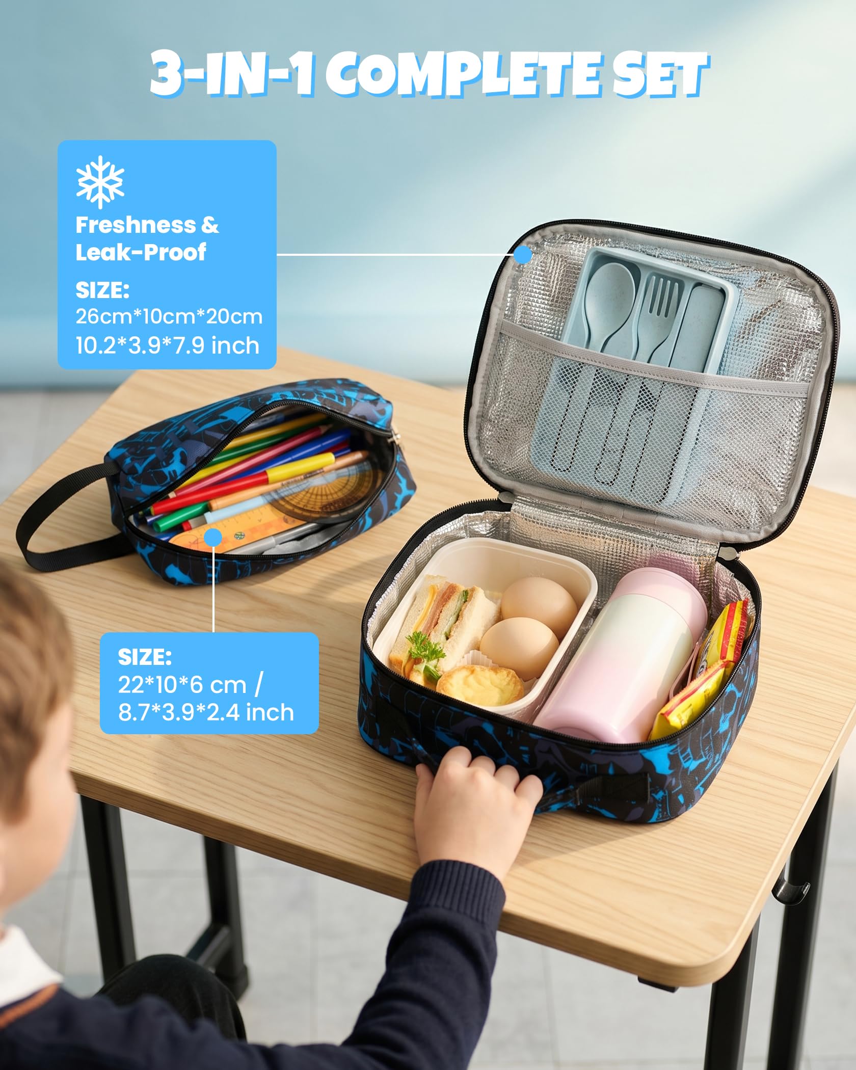 Amythe Cartable Scolaire Garçon Lumineux 3 Pièce 15.6" Imperméable, Bleu